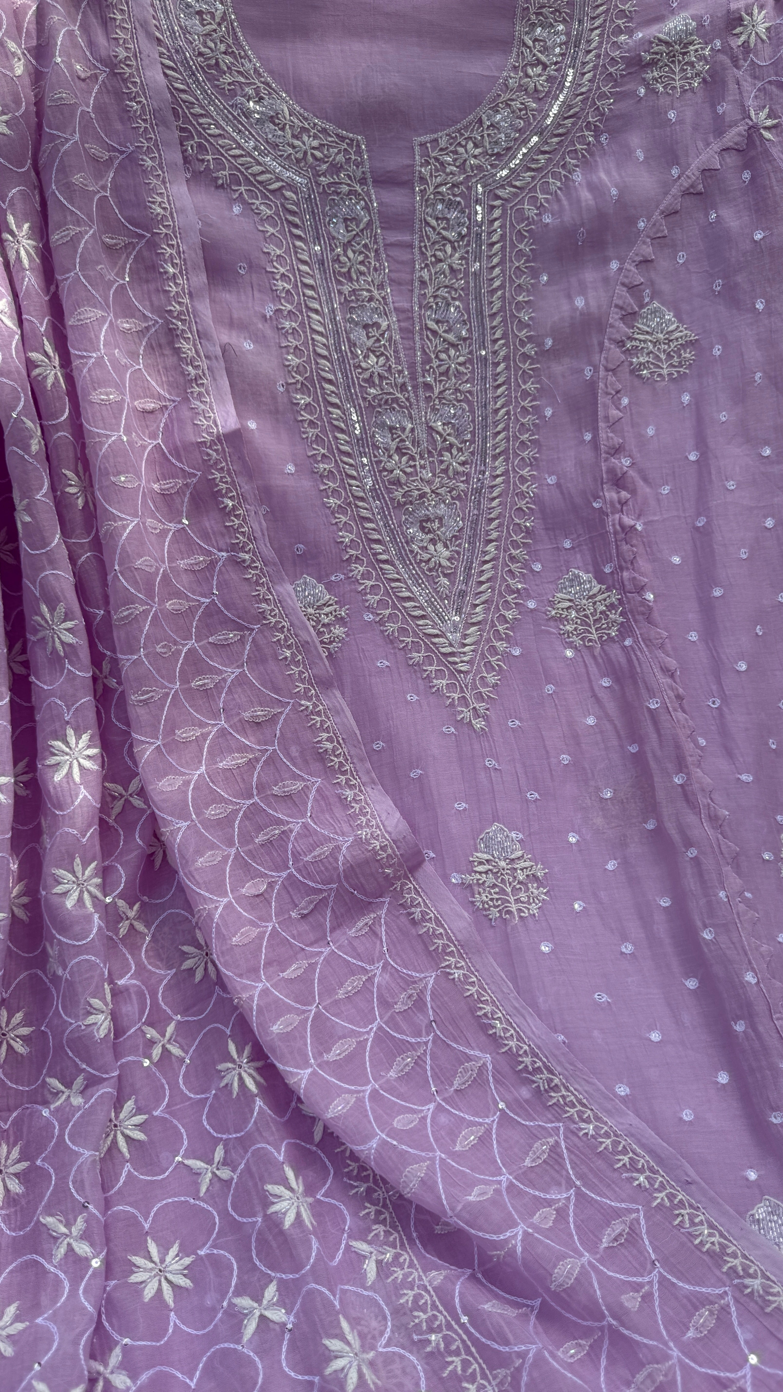 Mul Chanderi Chikankari - Unstitched Set - Lilac