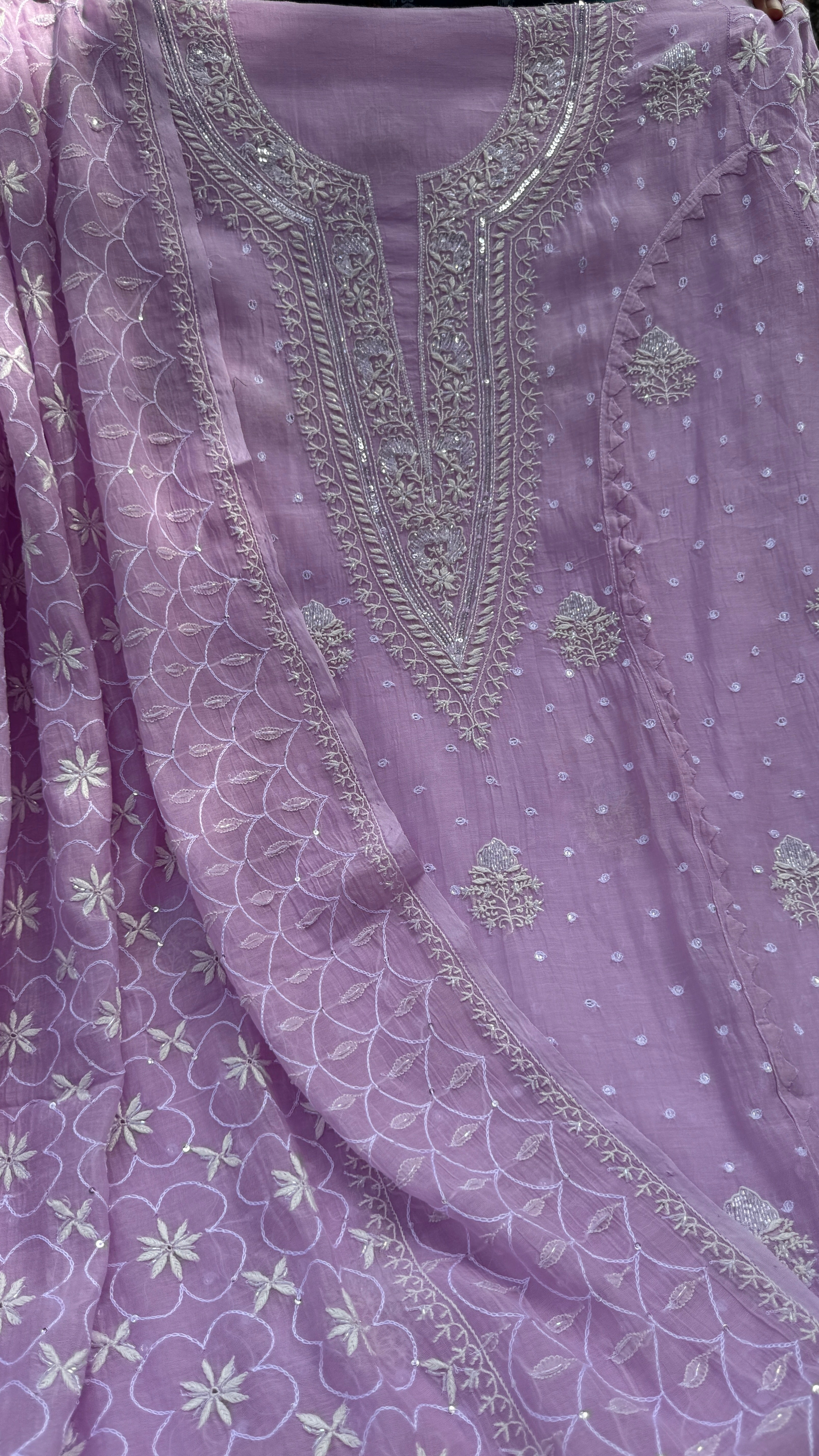Mul Chanderi Chikankari - Unstitched Set - Lilac