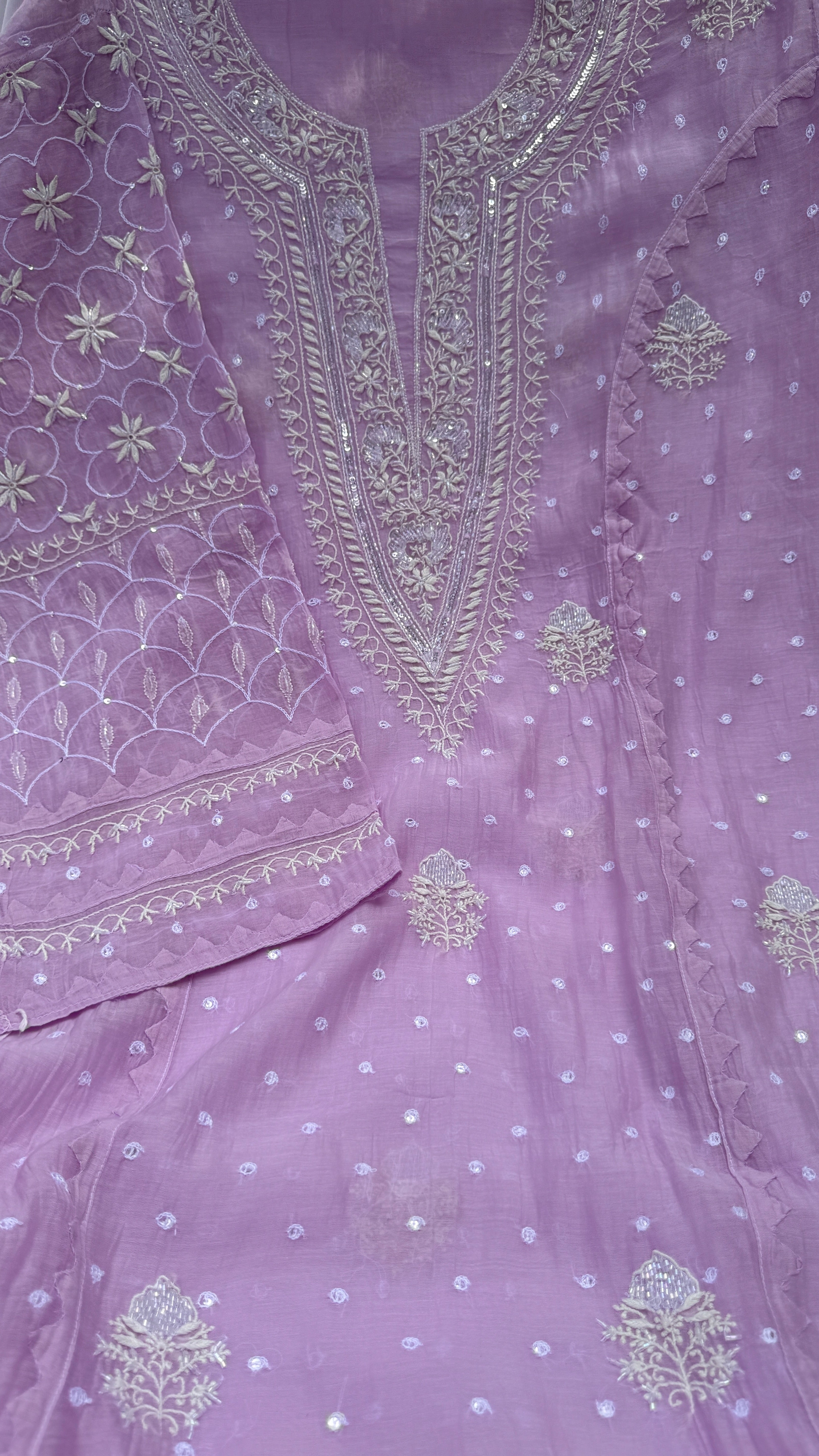 Mul Chanderi Chikankari - Unstitched Set - Lilac