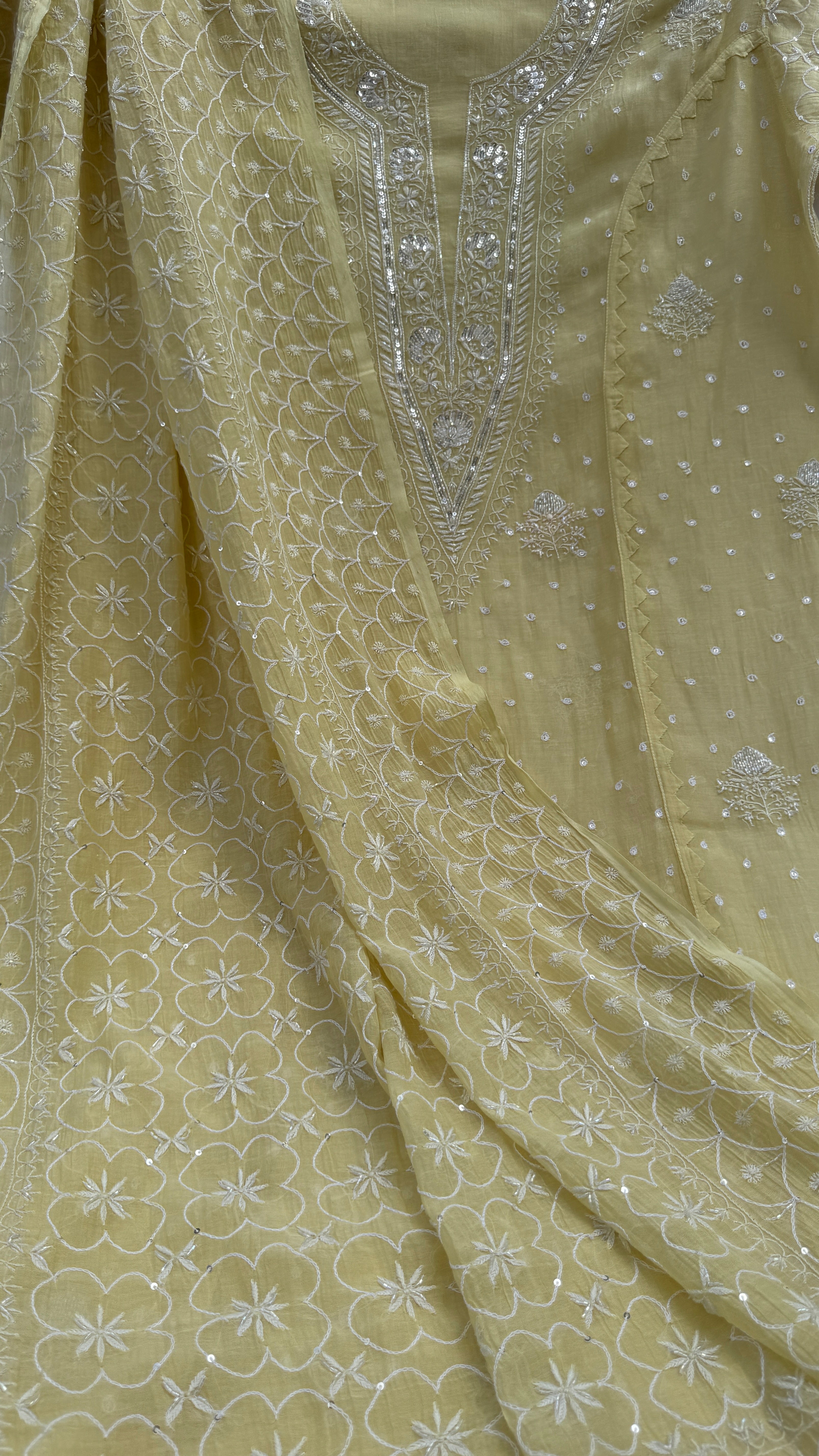 Mul Chanderi Chikankari - Unstitched Set - Butter Yellow