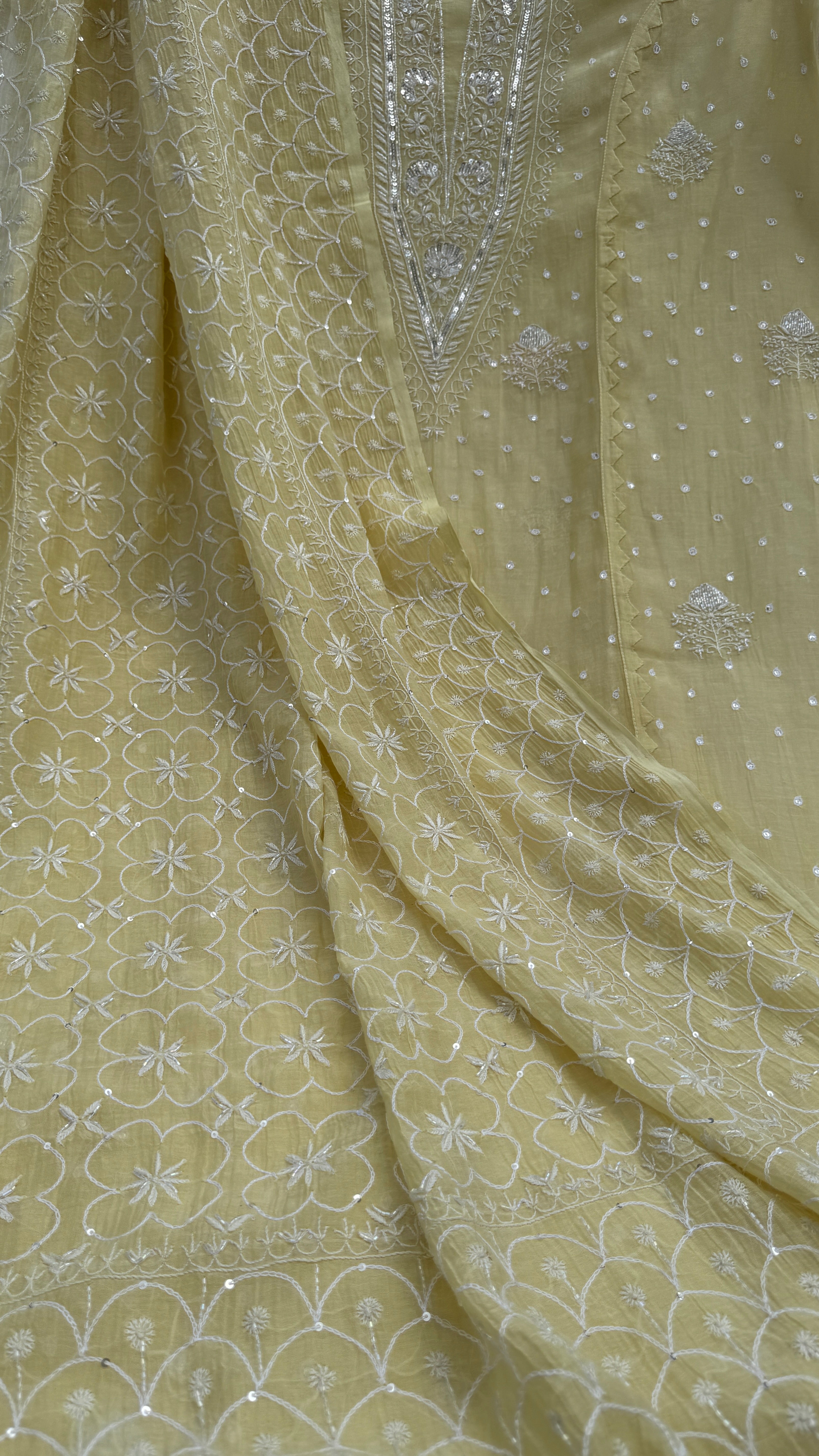Mul Chanderi Chikankari - Unstitched Set - Butter Yellow