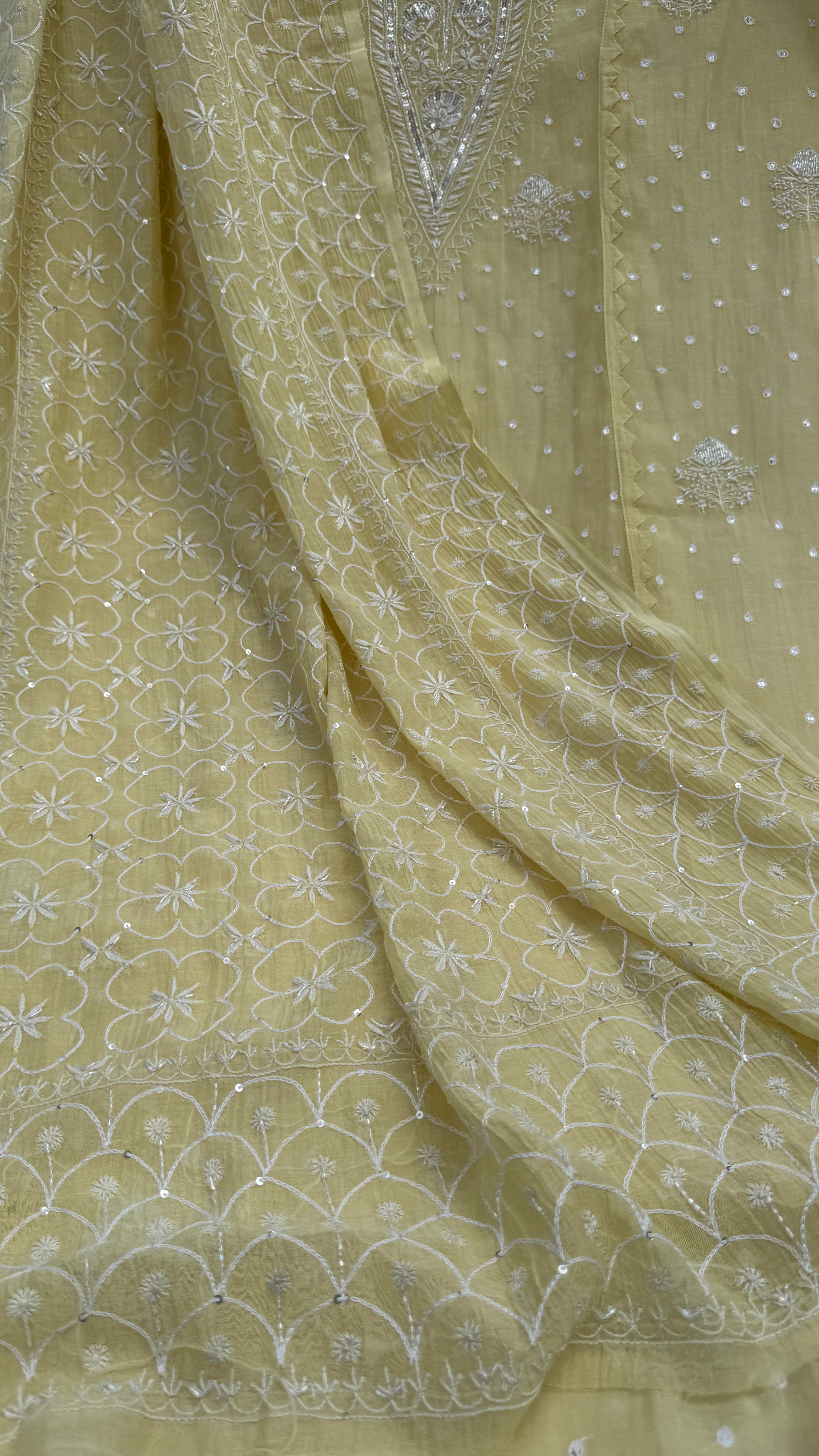 Mul Chanderi Chikankari - Unstitched Set - Butter Yellow
