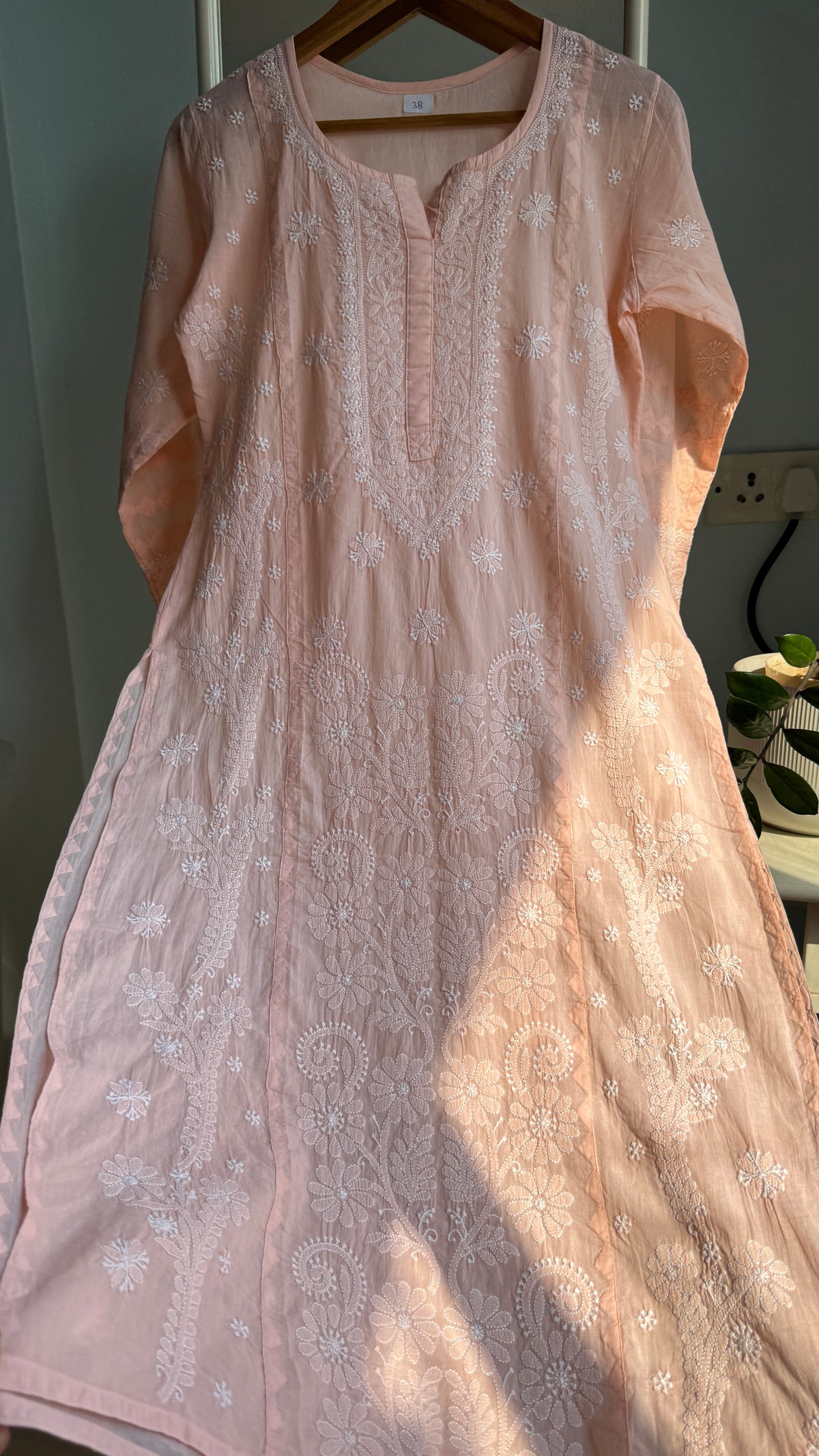 Mul Cotton Chikankari Kurti - Peach - Fiza Collection