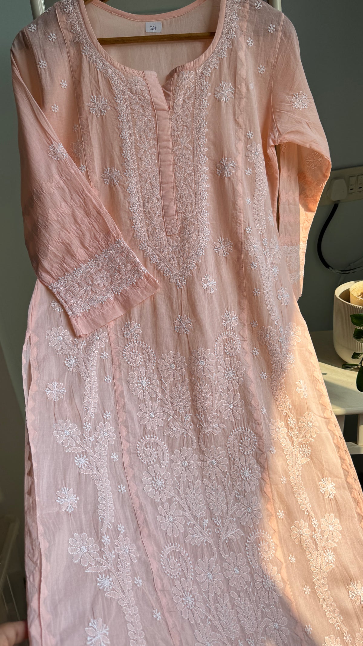 Mul Cotton Chikankari Kurti - Peach - Fiza Collection