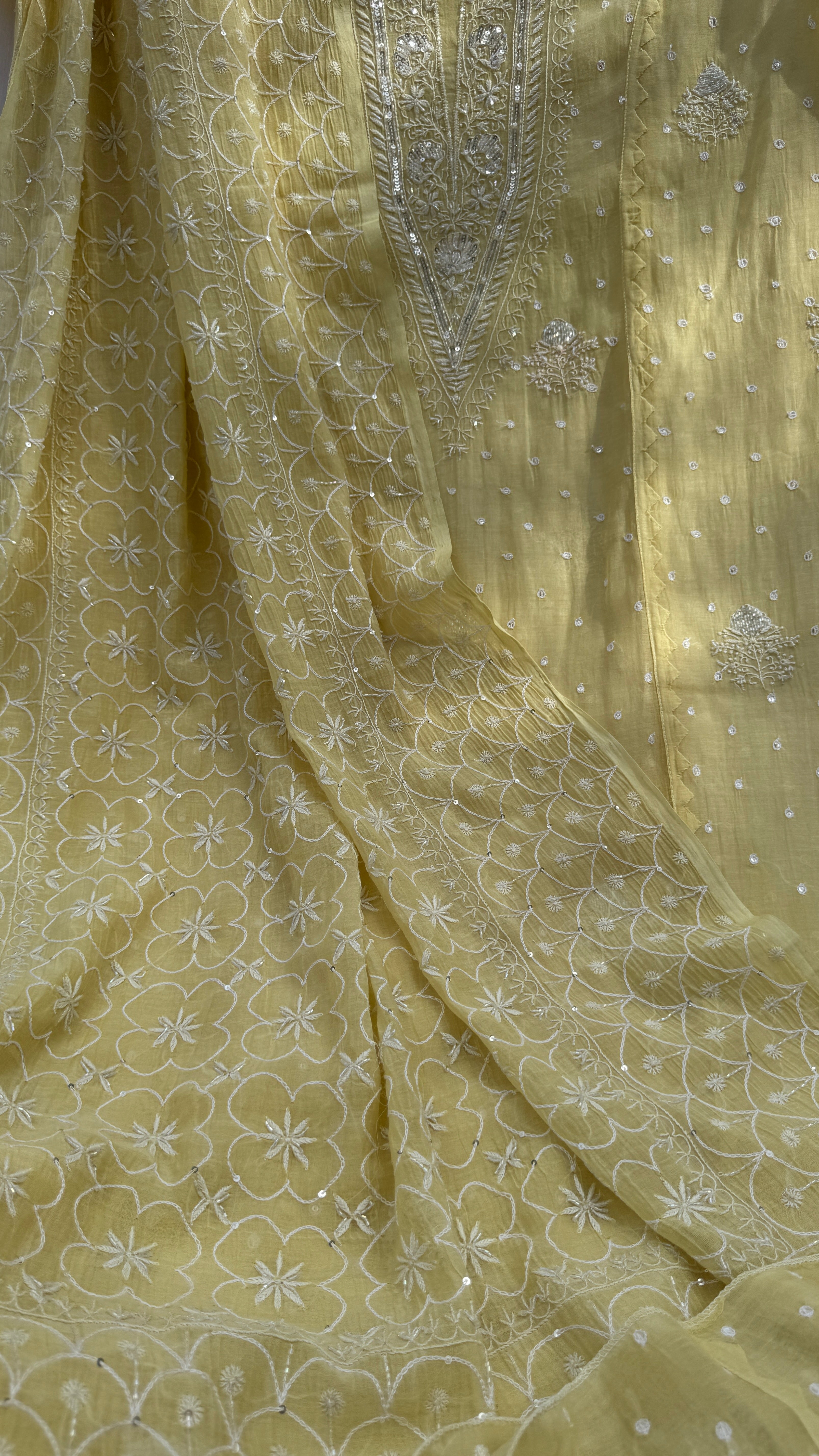 Mul Chanderi Chikankari - Unstitched Set - Butter Yellow