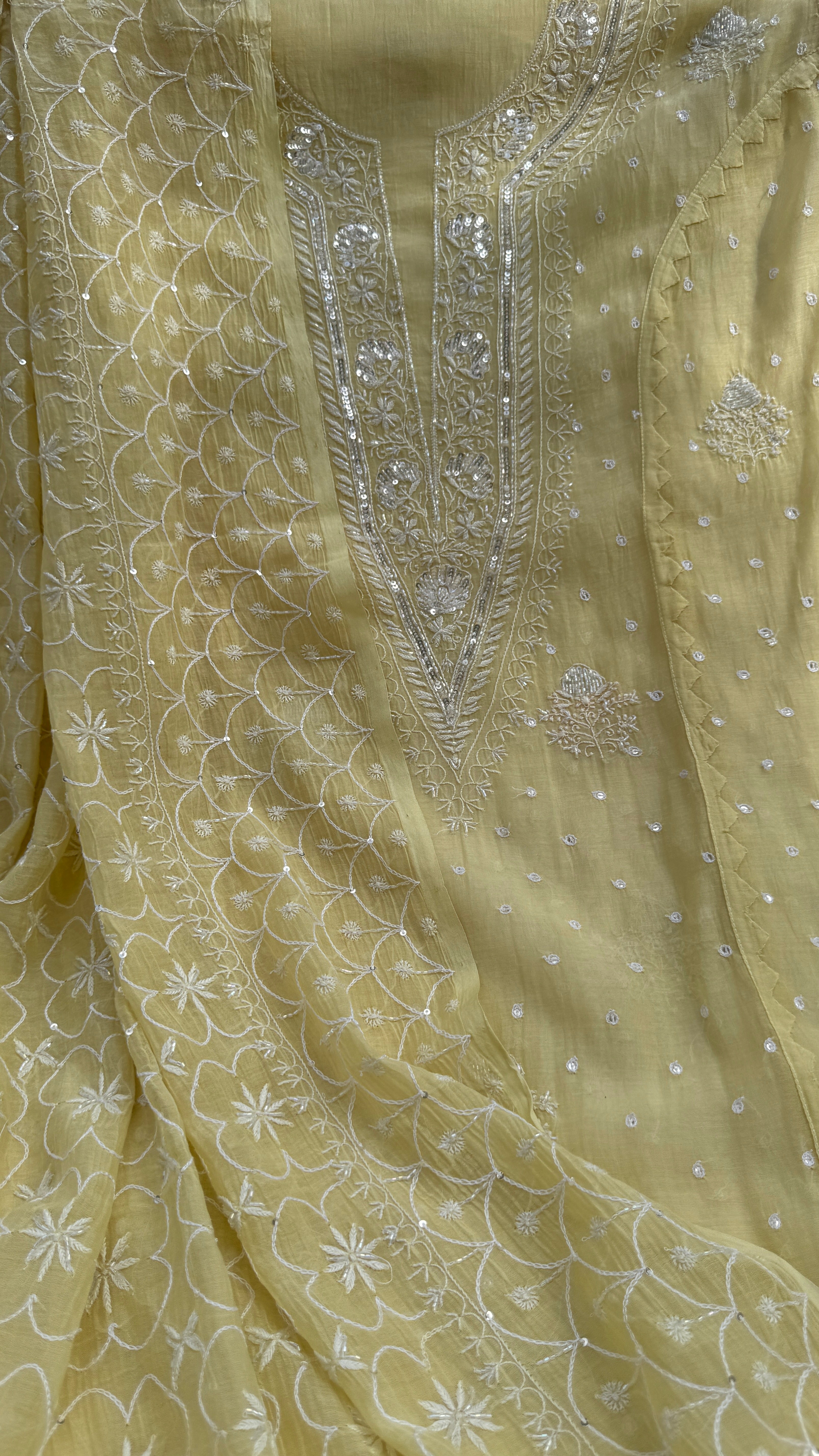 Mul Chanderi Chikankari - Unstitched Set - Butter Yellow