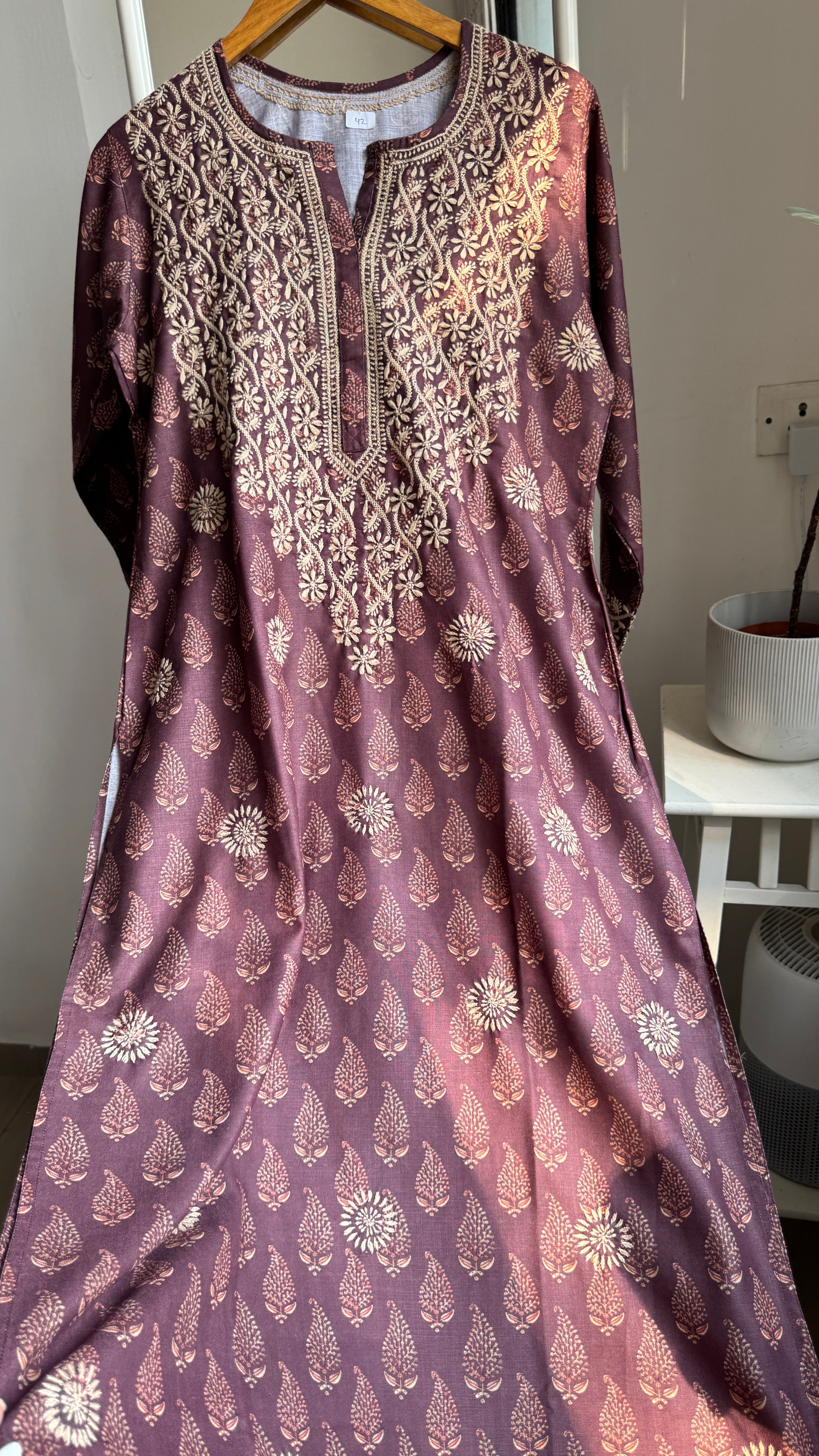 Thick Cotton Printed Chikankari Kurti - Mauve