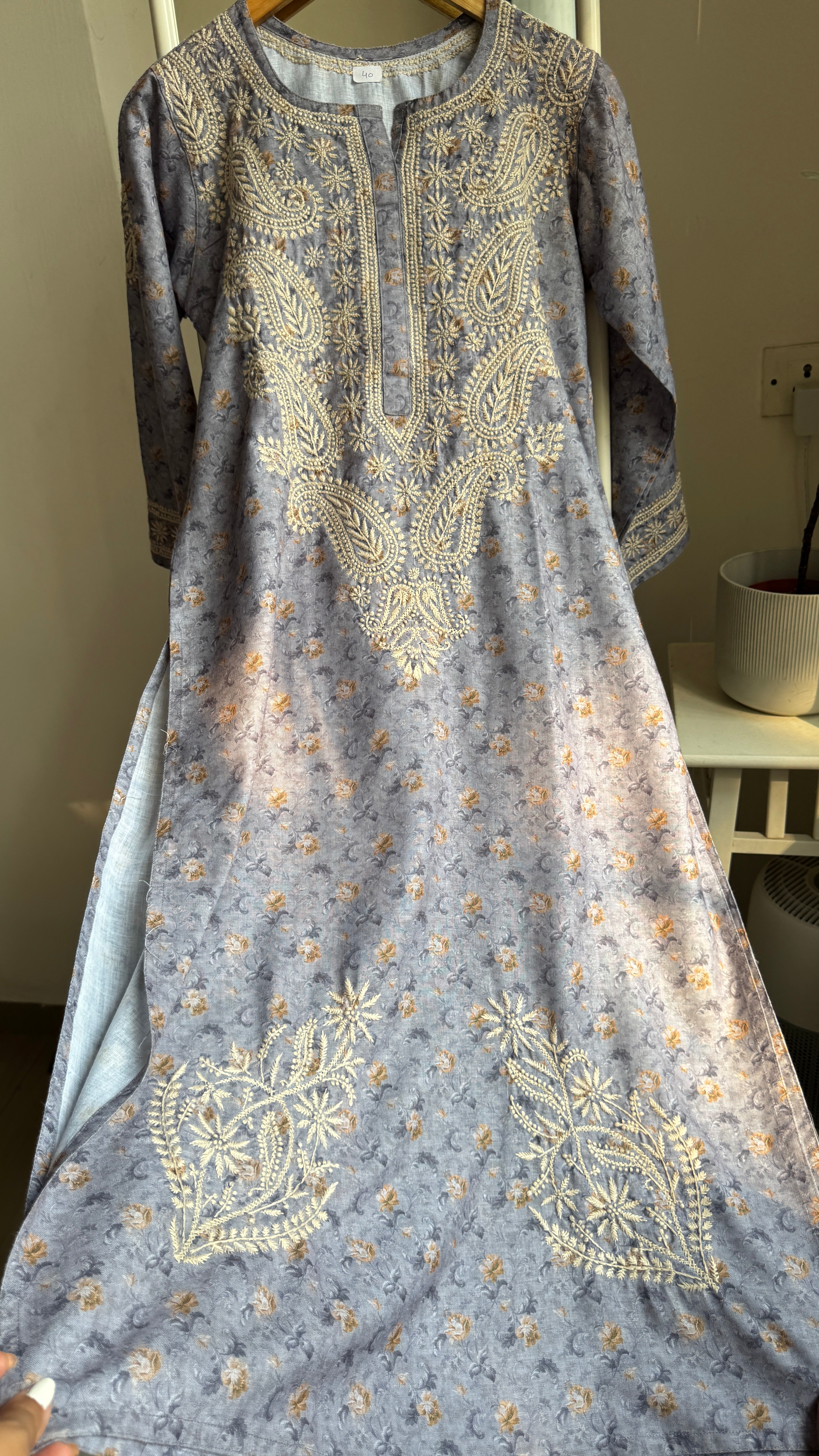 Thick Cotton Printed Chikankari Kurti - Grey Blue
