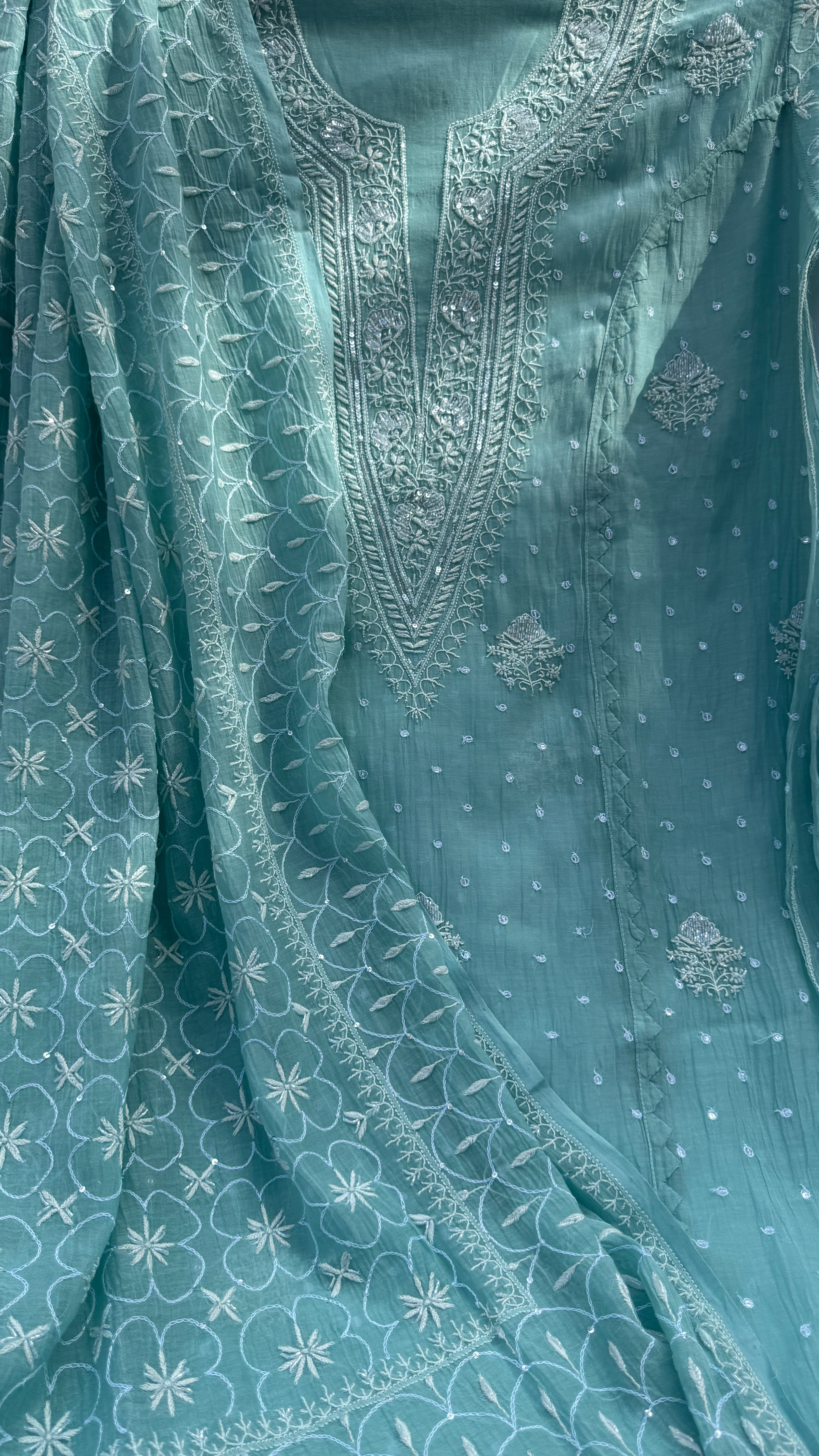 Mul Chanderi Chikankari - Unstitched Set - Turquoise Green