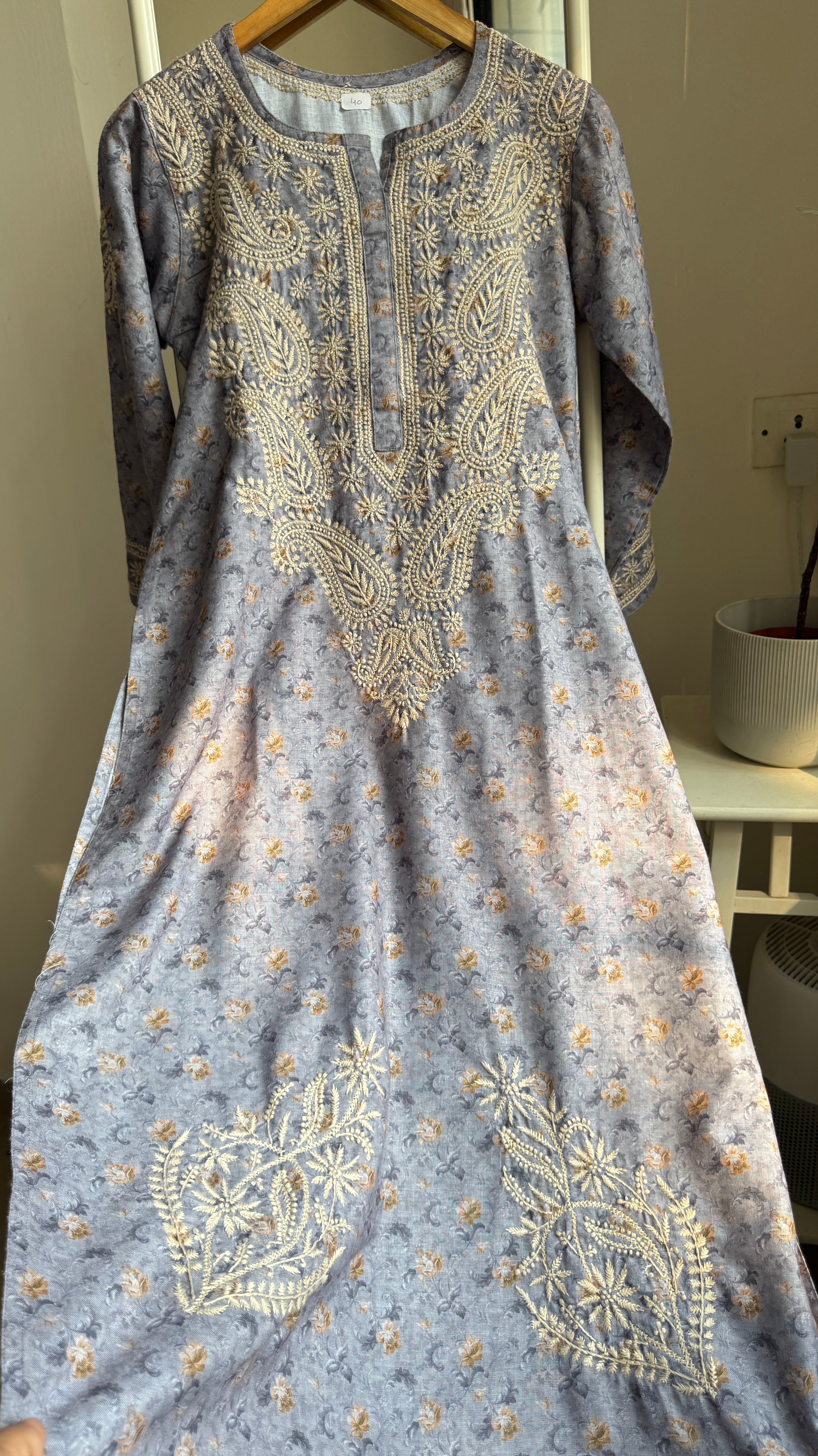 Thick Cotton Printed Chikankari Kurti - Grey Blue