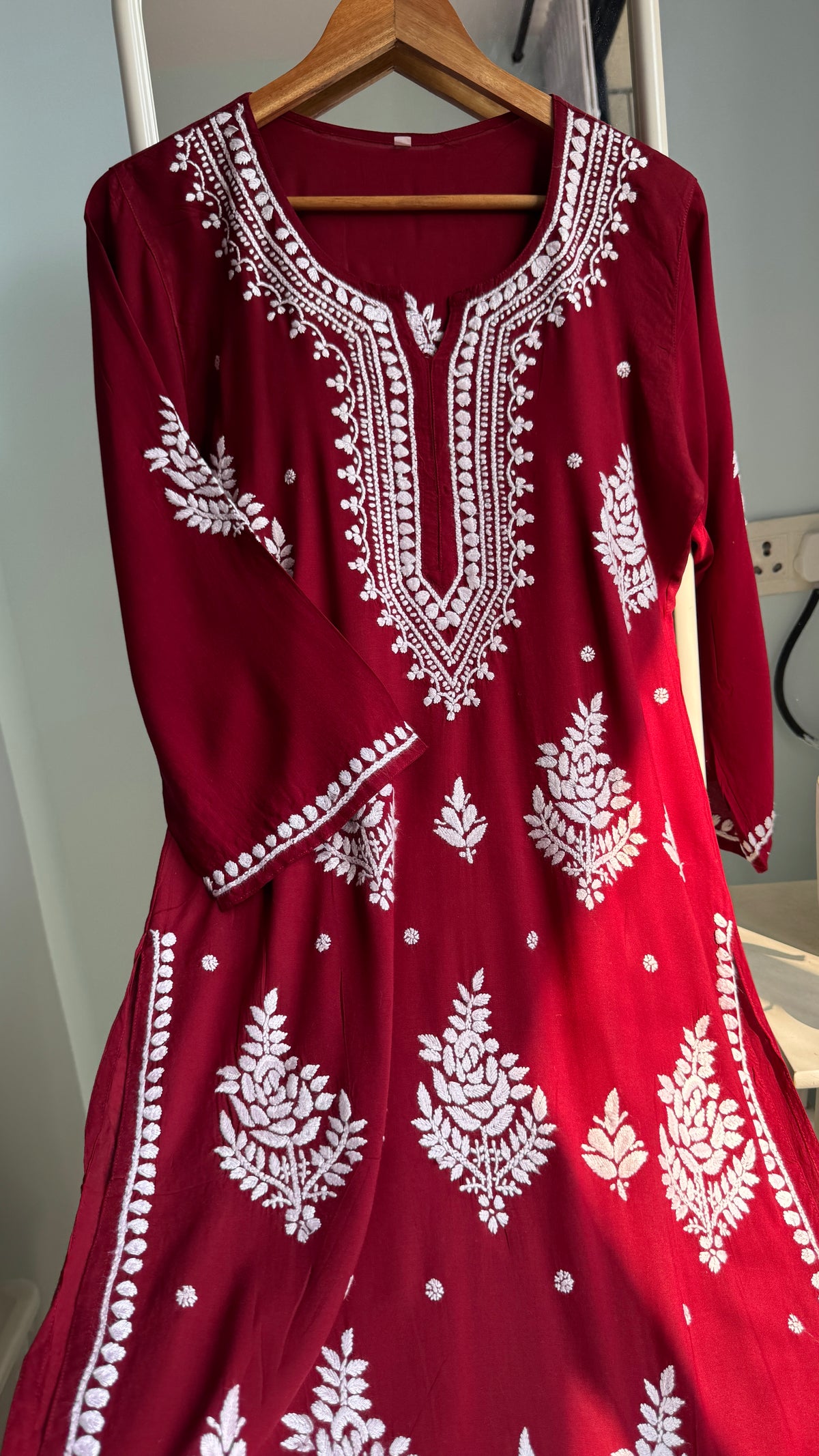 Modal Cotton Chikankari Pant Set - Red
