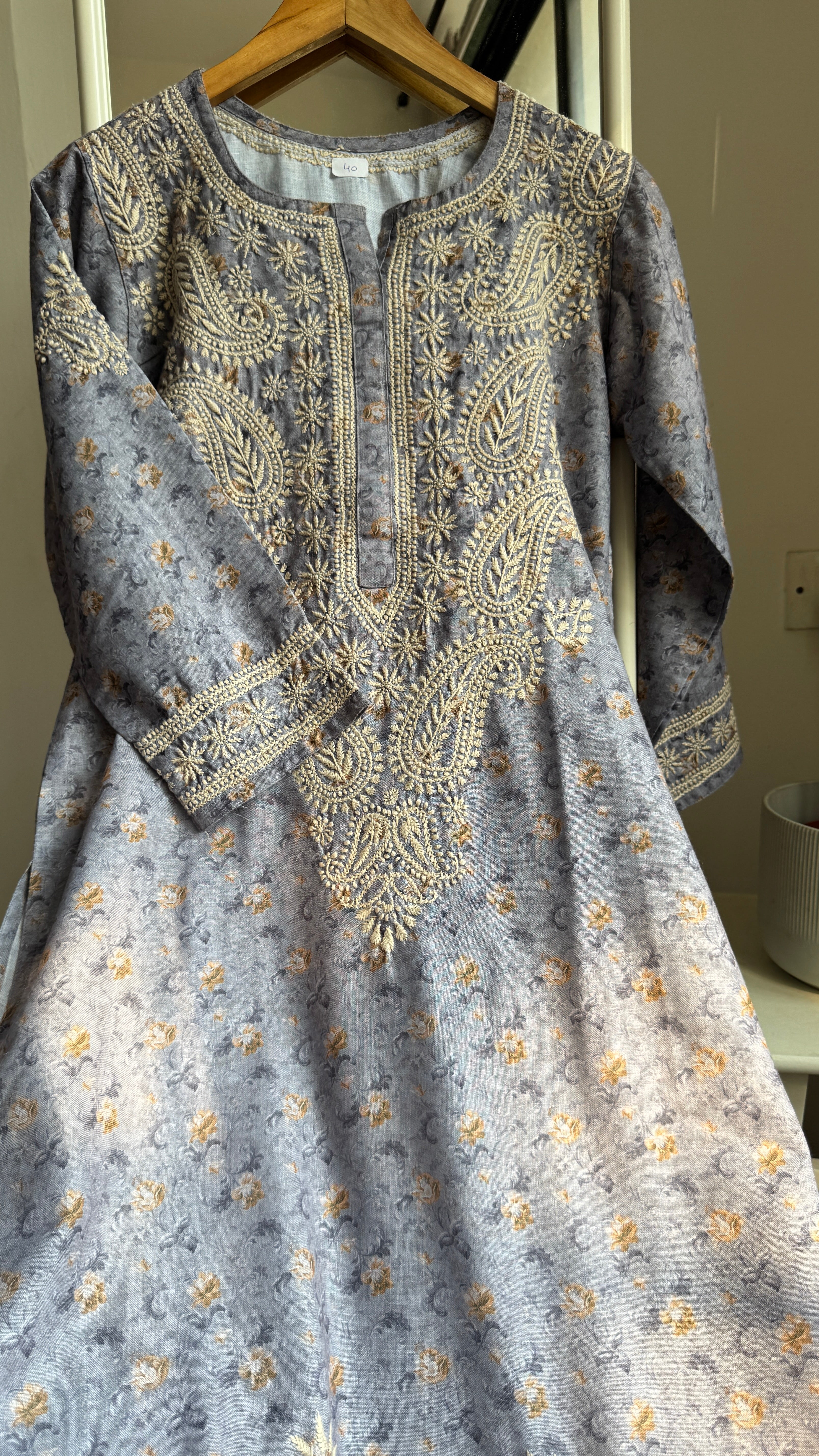Thick Cotton Printed Chikankari Kurti - Grey Blue