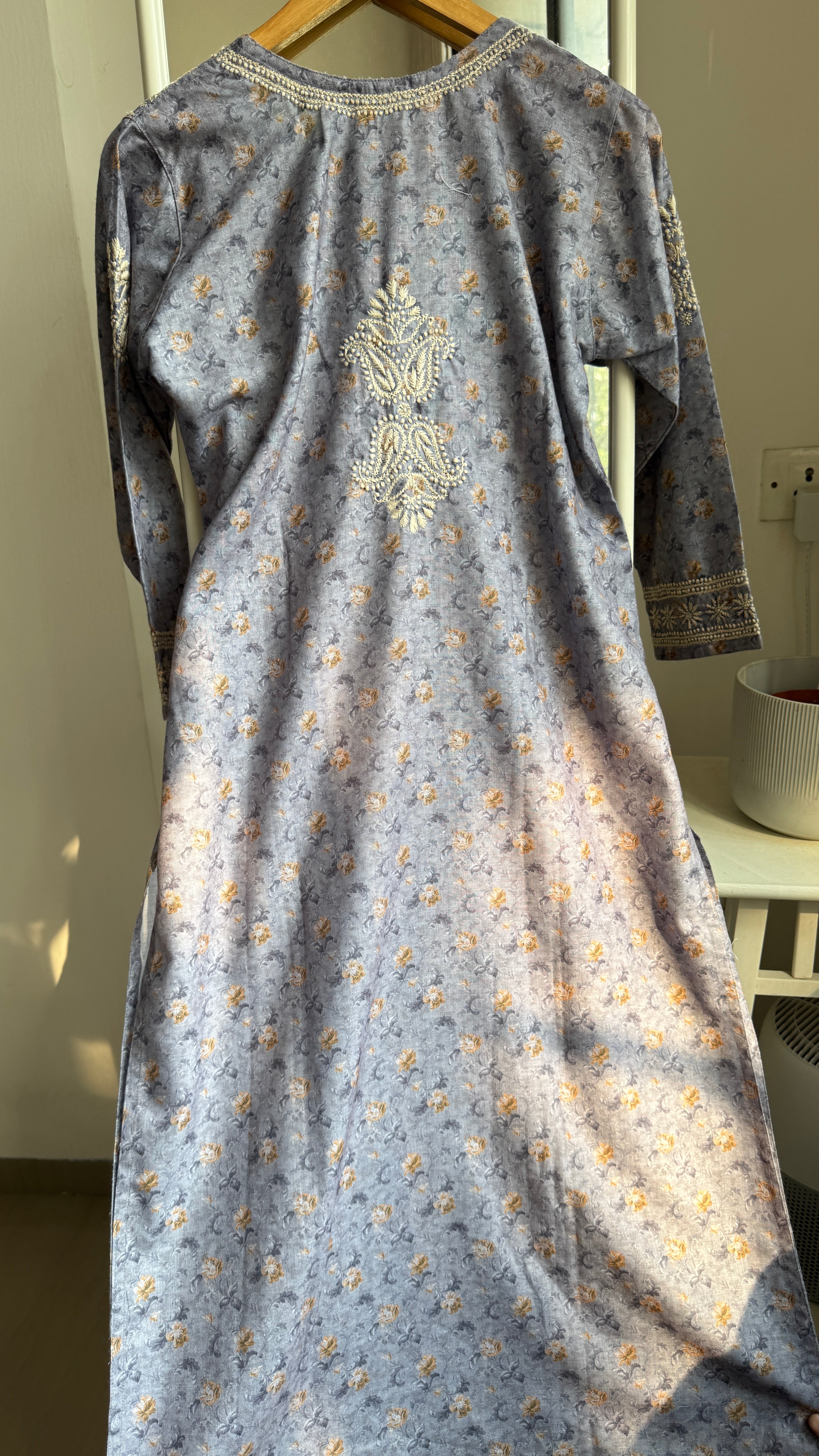 Thick Cotton Printed Chikankari Kurti - Grey Blue