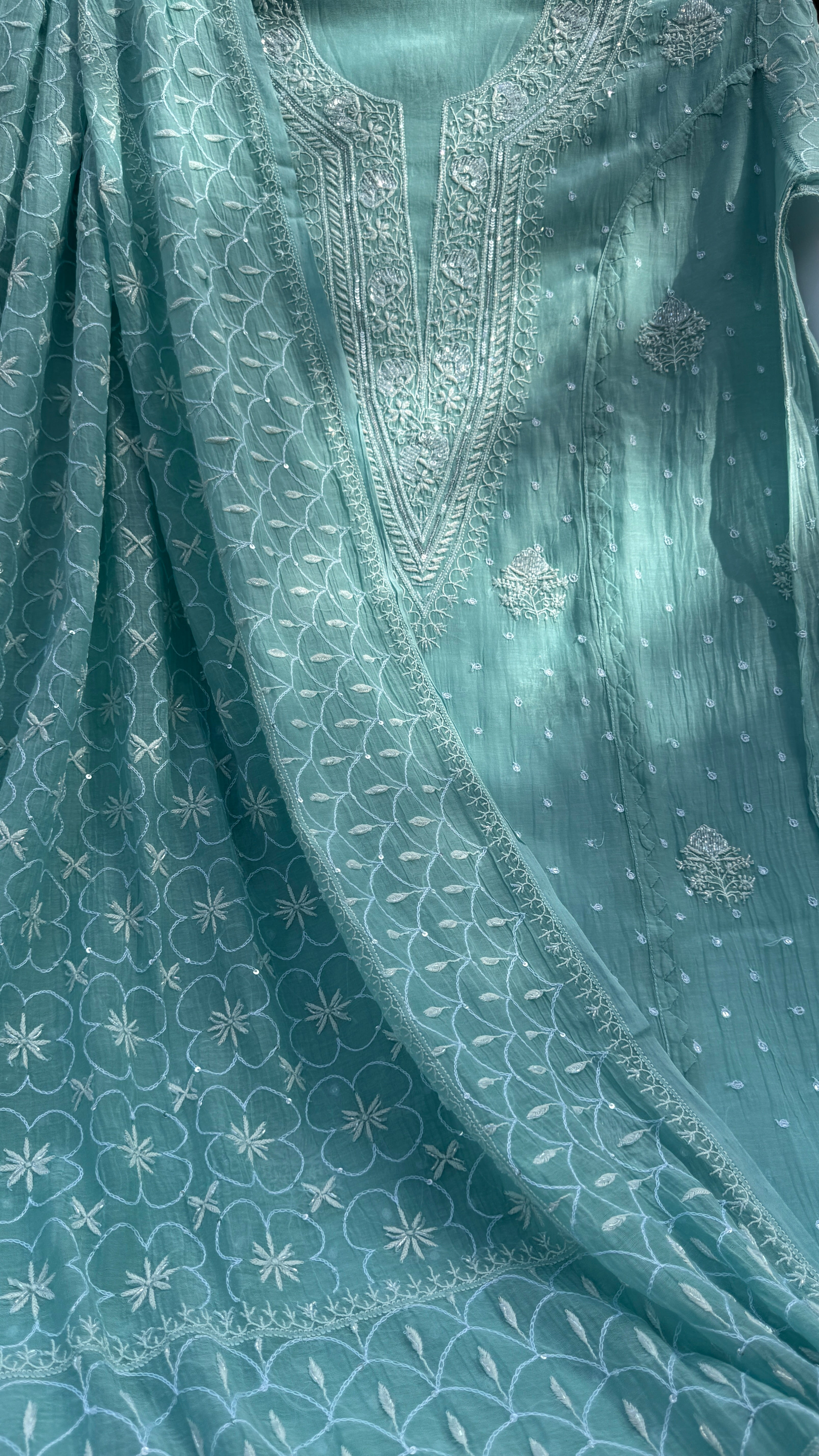 Mul Chanderi Chikankari - Unstitched Set - Turquoise Green
