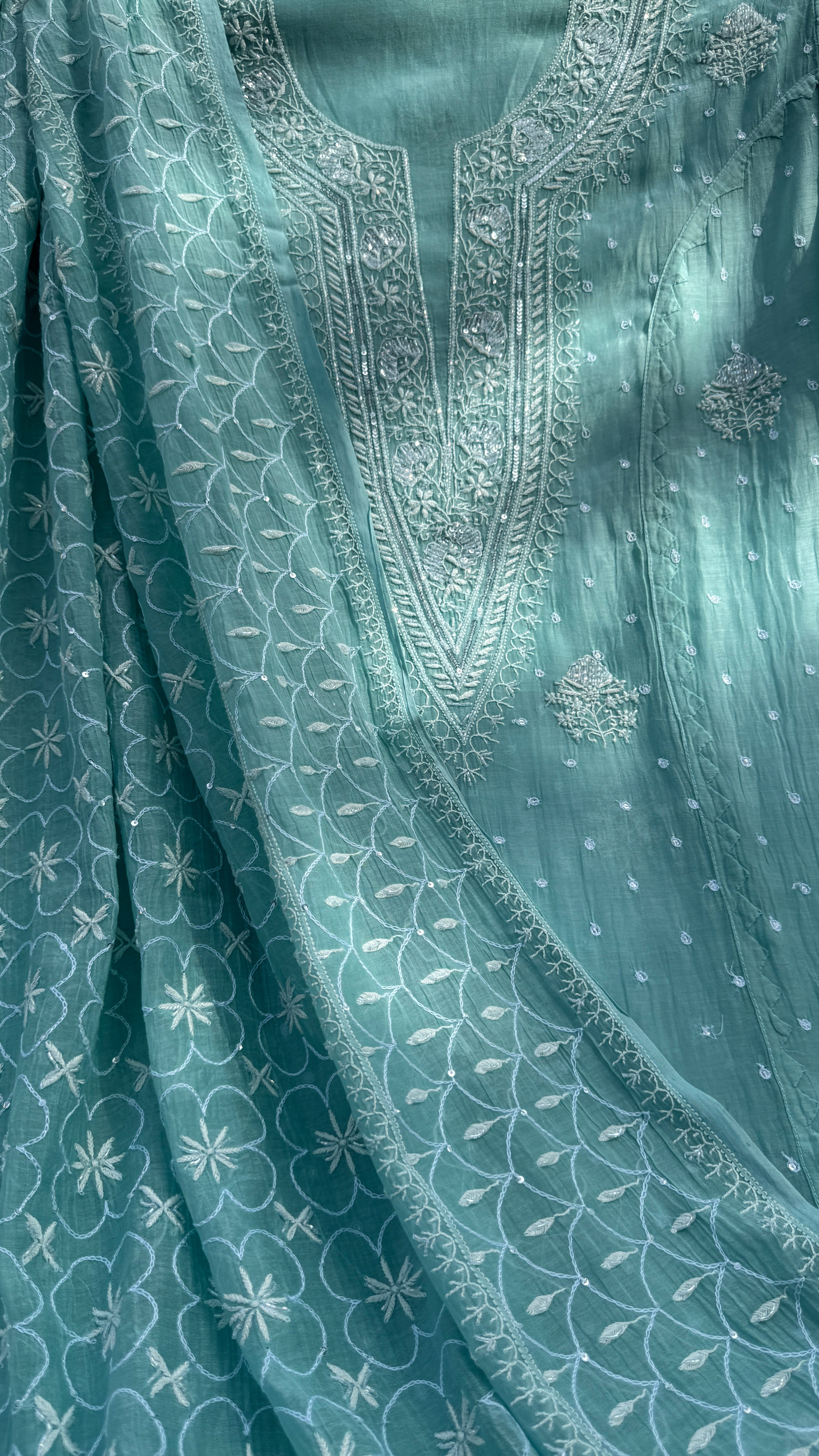 Mul Chanderi Chikankari - Unstitched Set - Turquoise Green