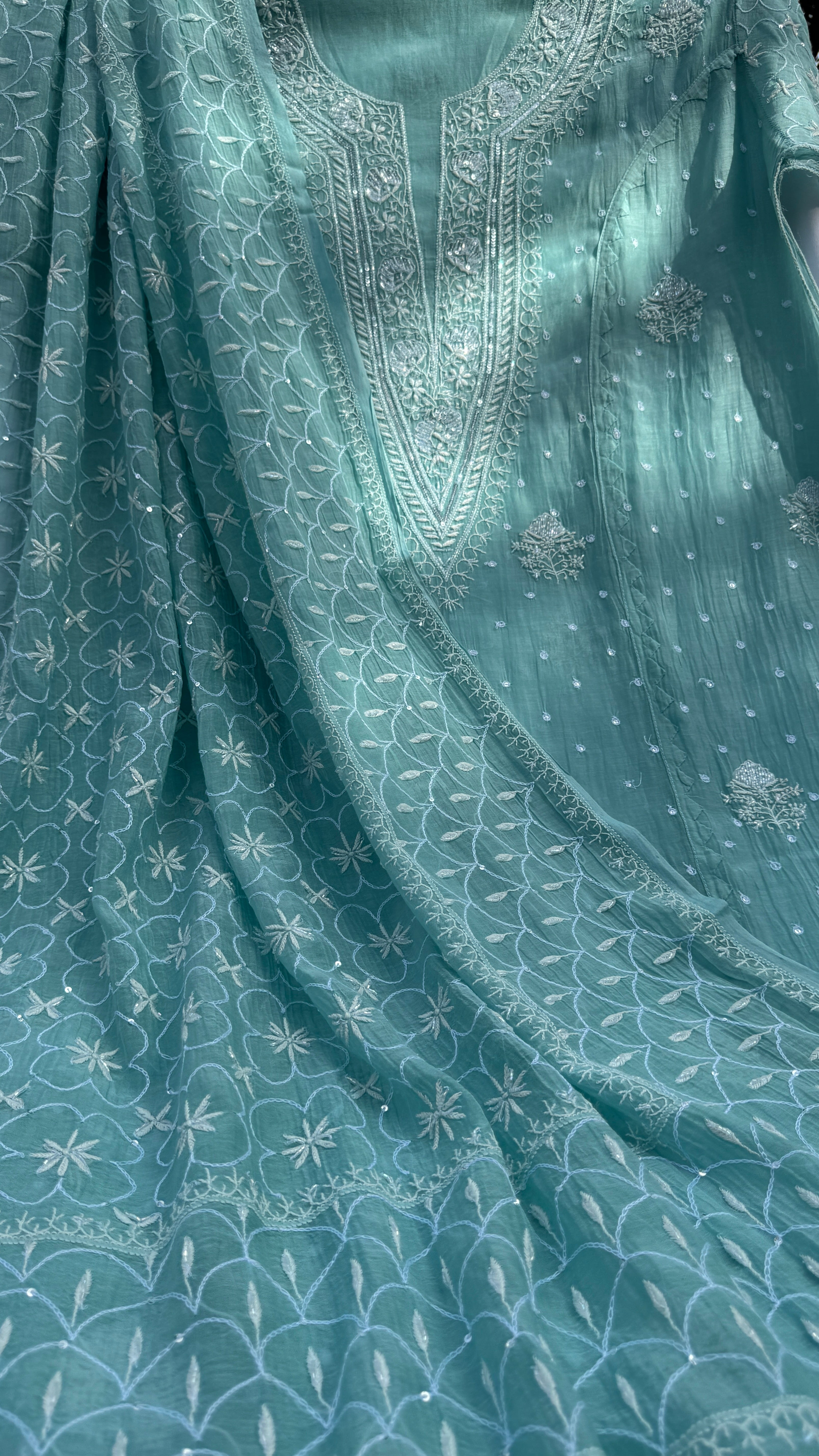Mul Chanderi Chikankari - Unstitched Set - Turquoise Green