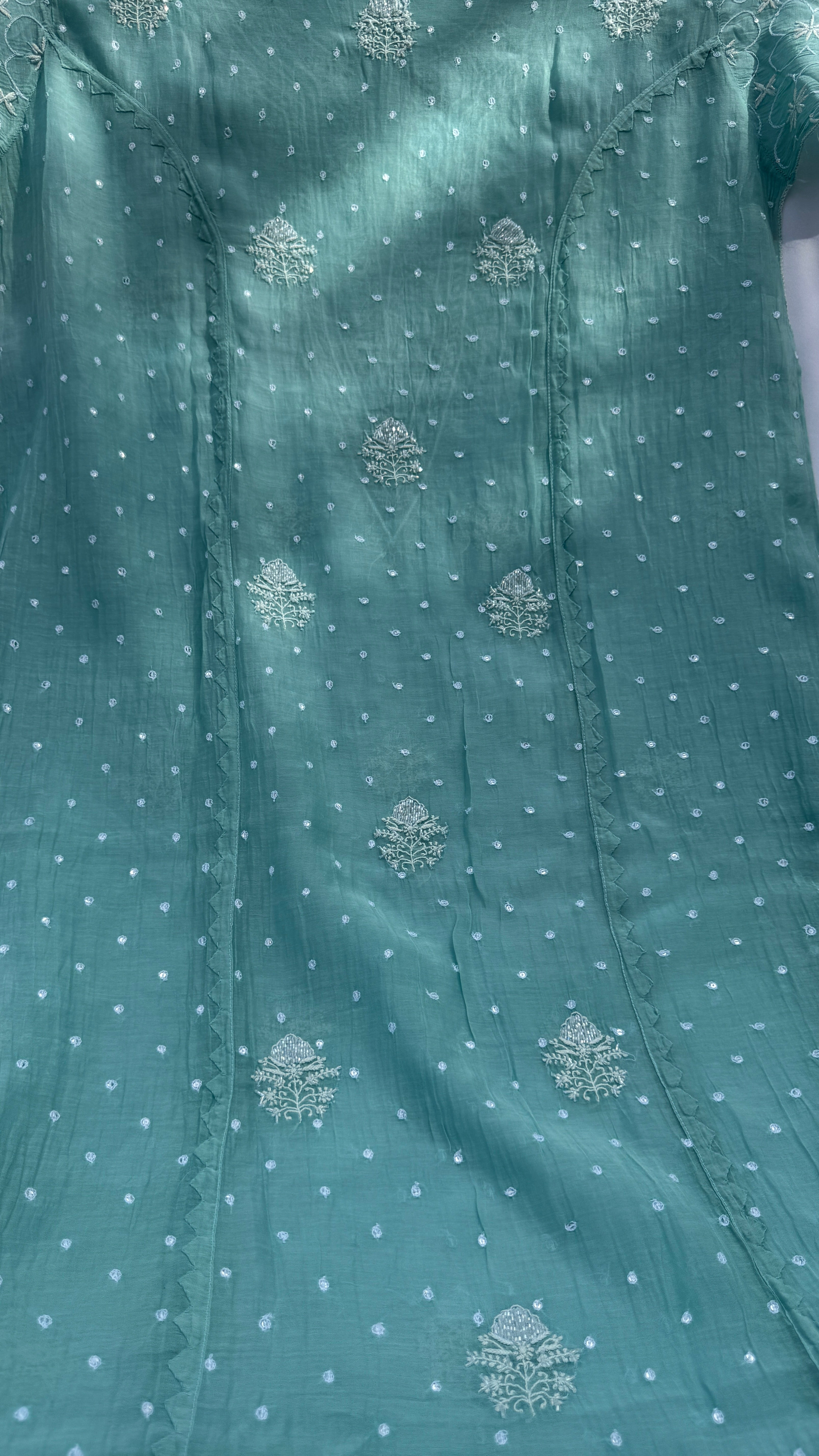 Mul Chanderi Chikankari - Unstitched Set - Turquoise Green