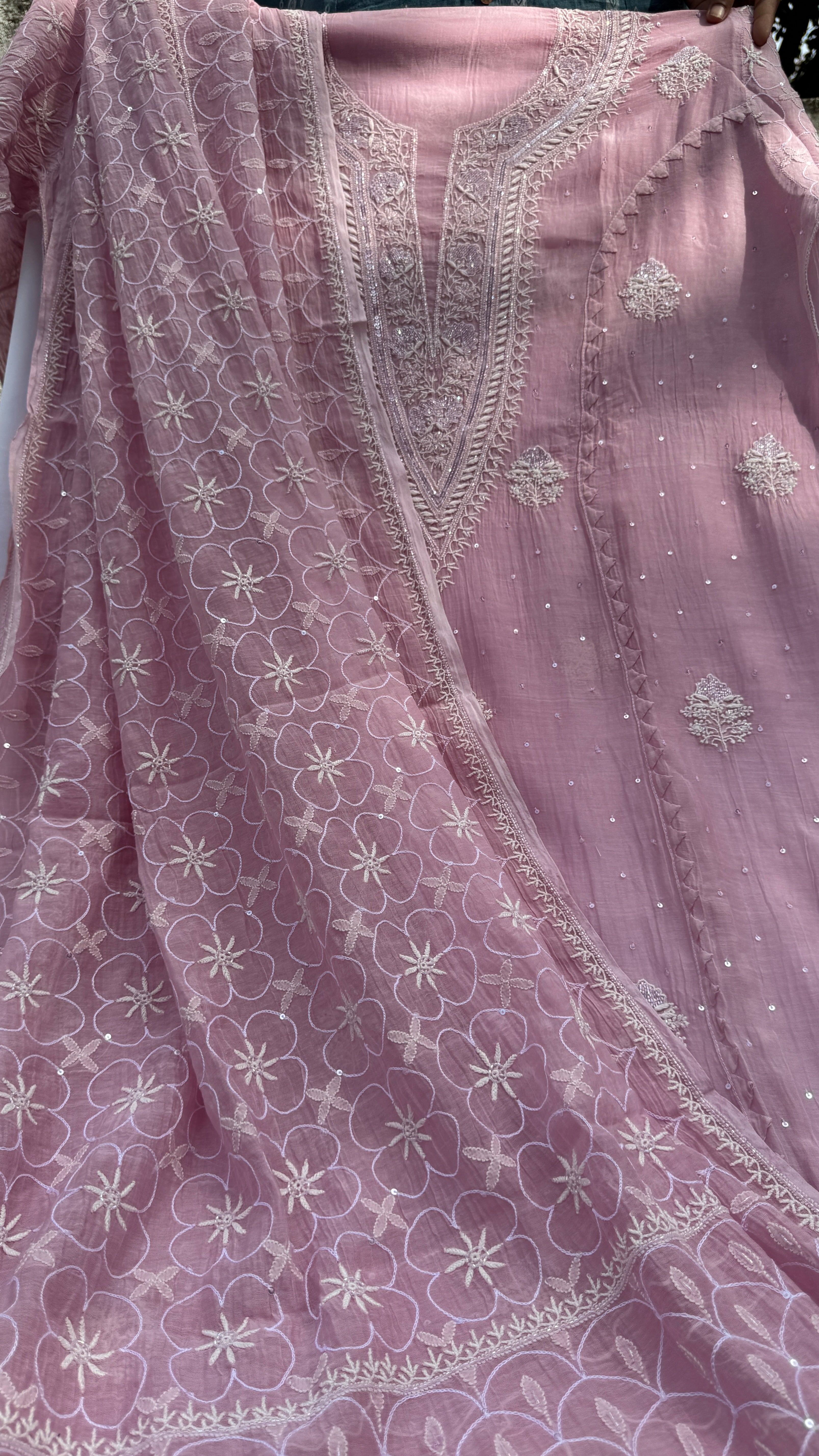 Mul Chanderi Chikankari - Unstitched Set - Rose Pink