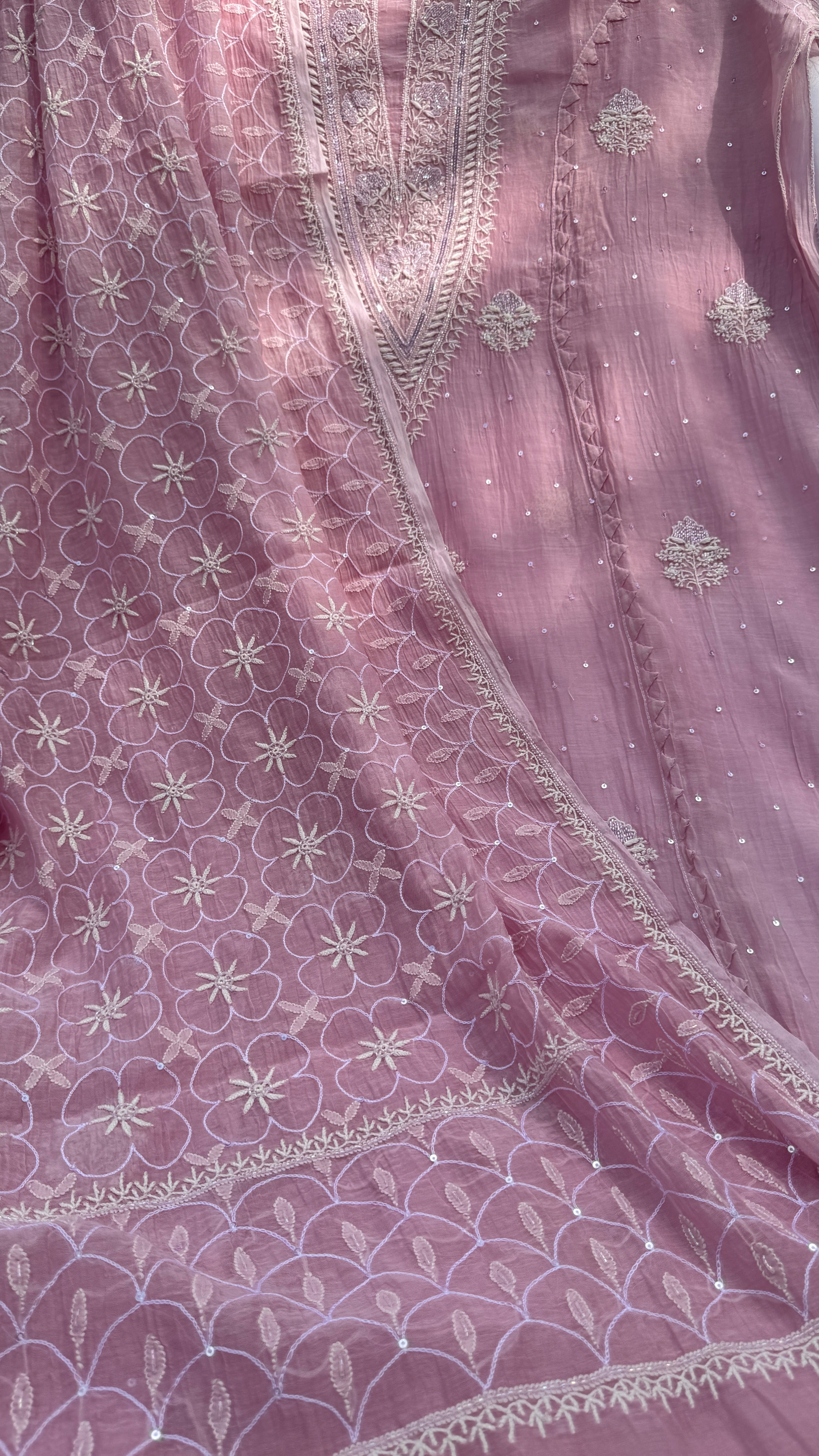 Mul Chanderi Chikankari - Unstitched Set - Rose Pink