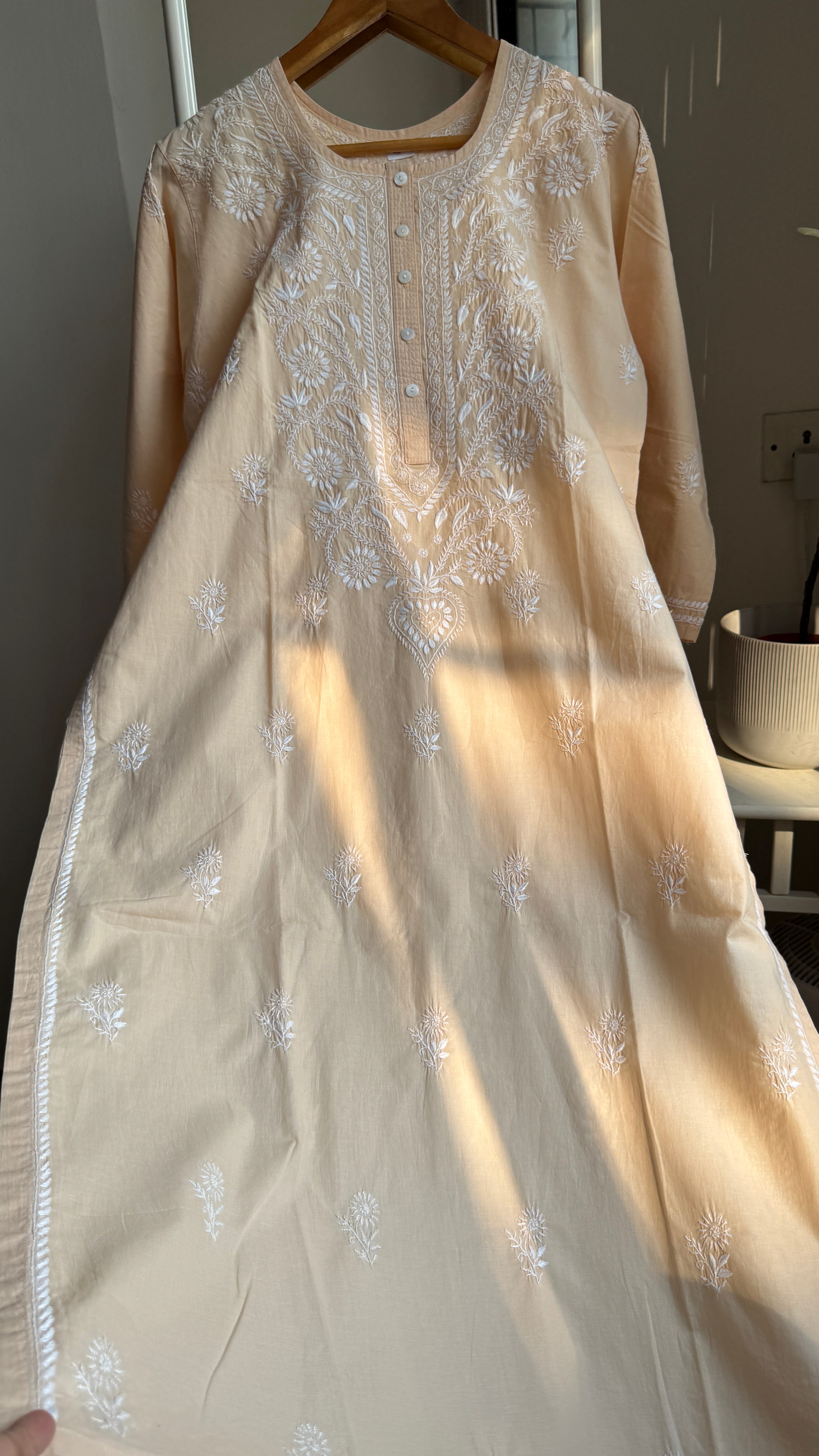 Thick Cotton Chikankari Kurti - Light Peach