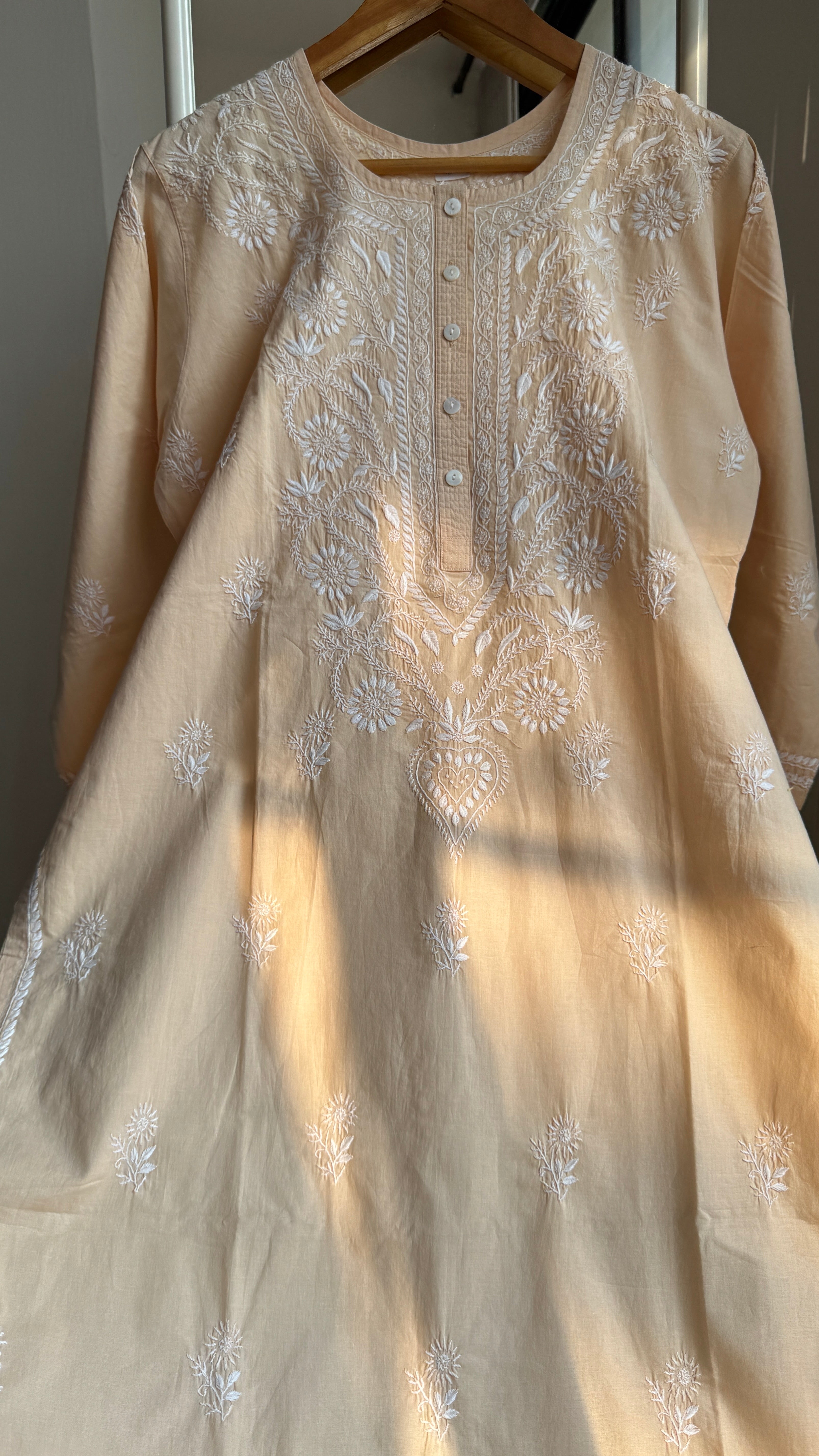 Thick Cotton Chikankari Kurti - Light Peach