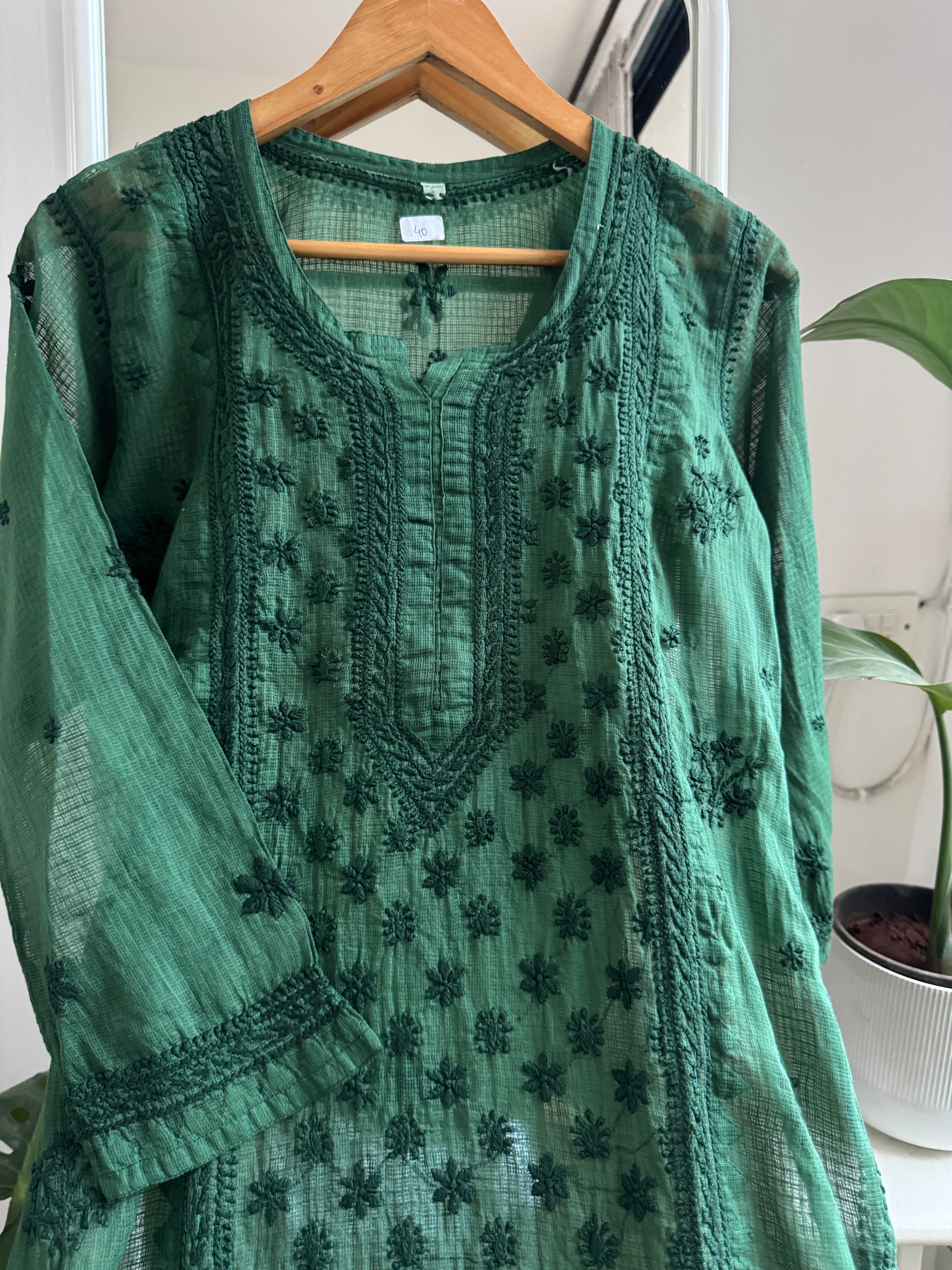 Kota Soft Cotton Chikankari Kurti - Pine Green