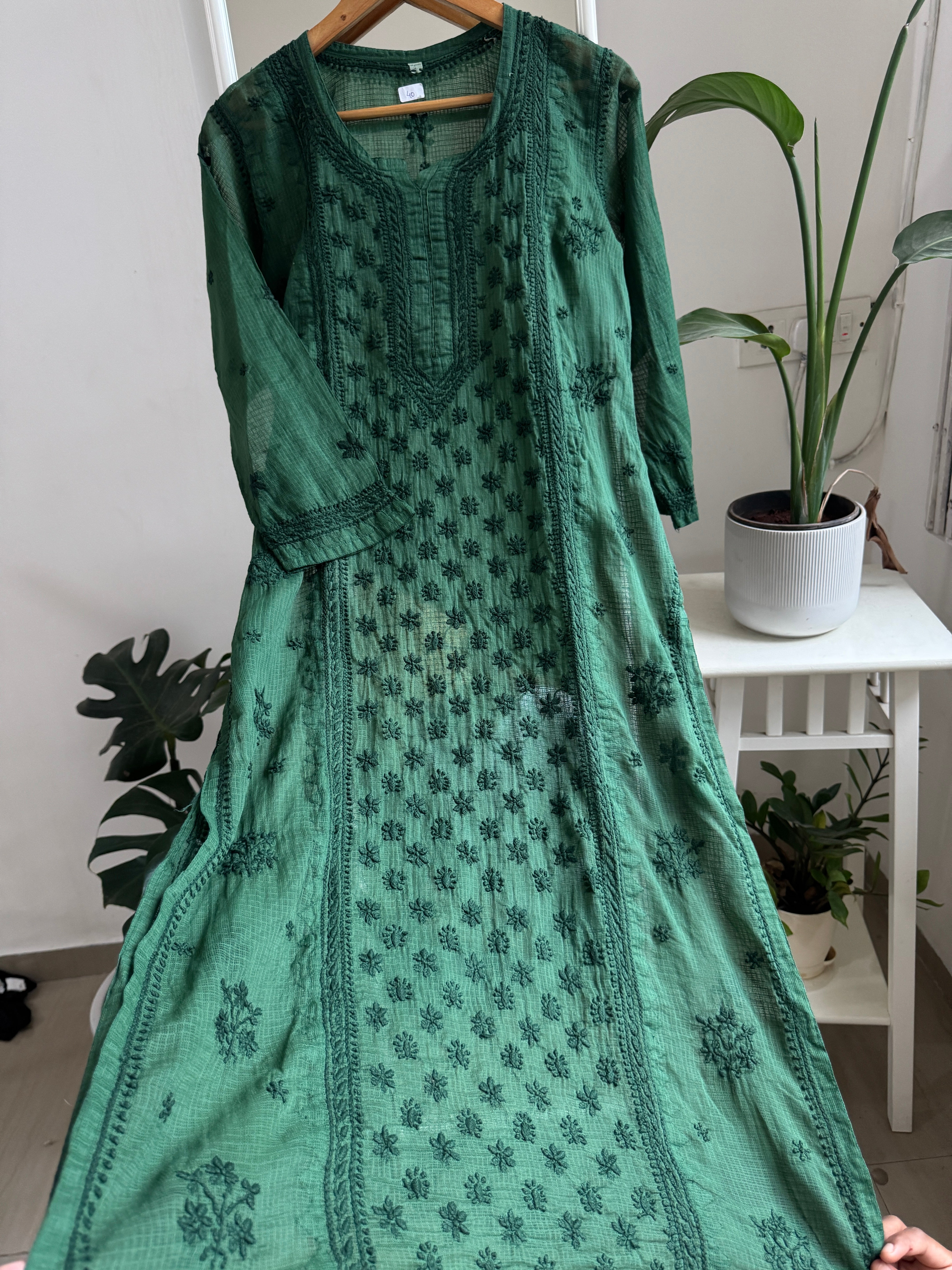 Kota Soft Cotton Chikankari Kurti - Pine Green