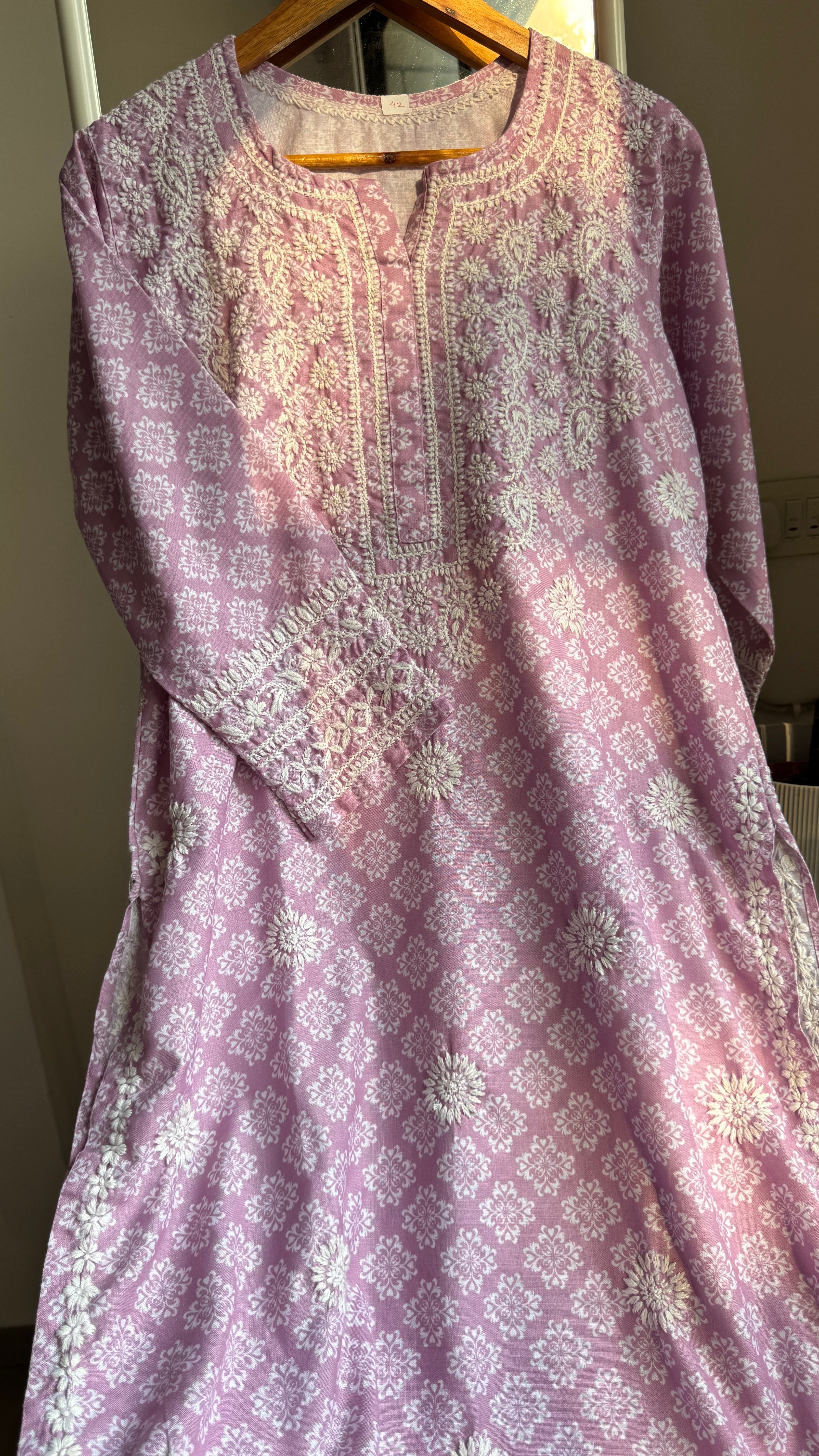 Cotton Printed Chikankari Kurti - Lilac
