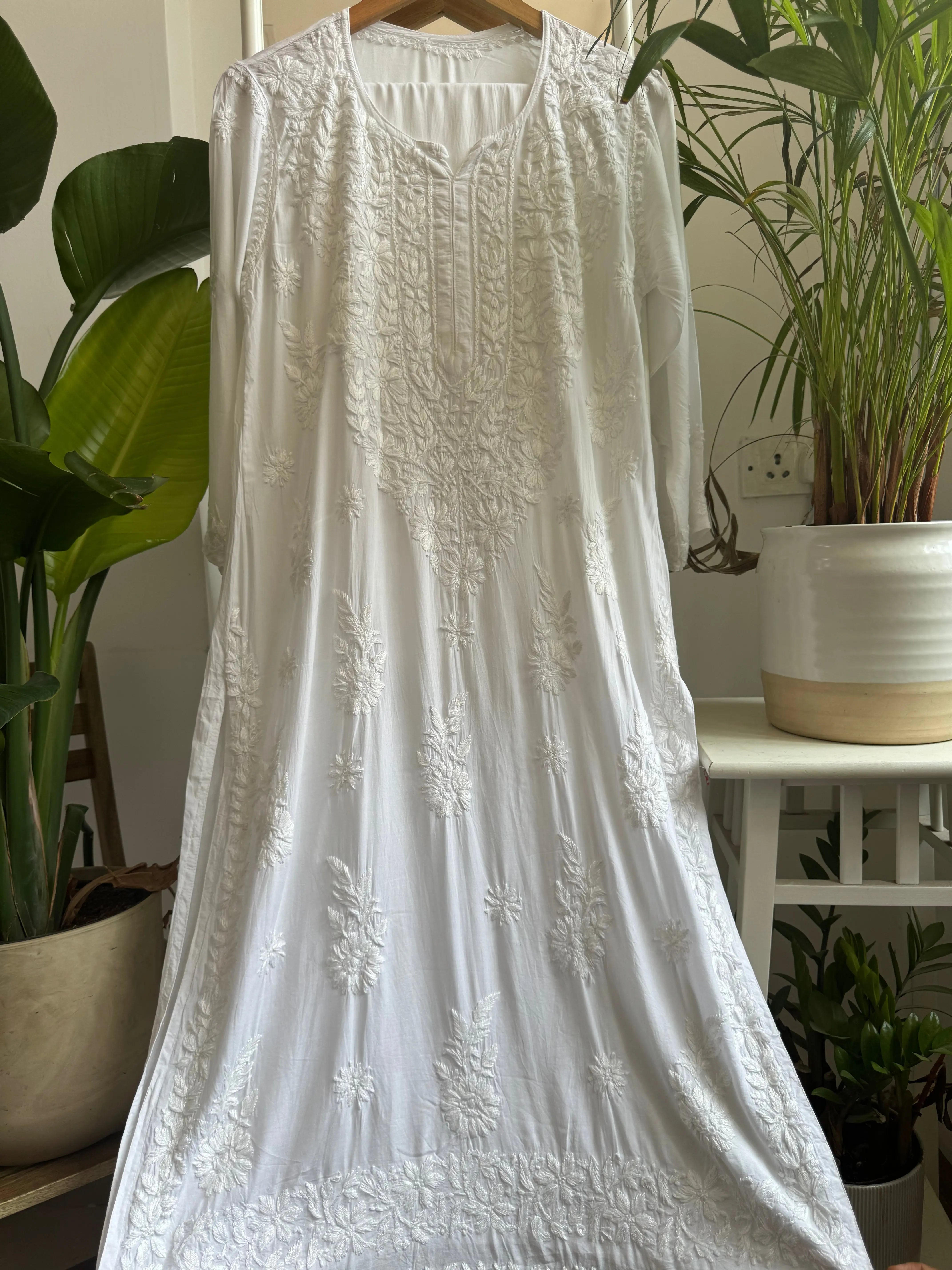Modal Cotton Kurti Plazzo Set - White ARIAA CHIKANKARI