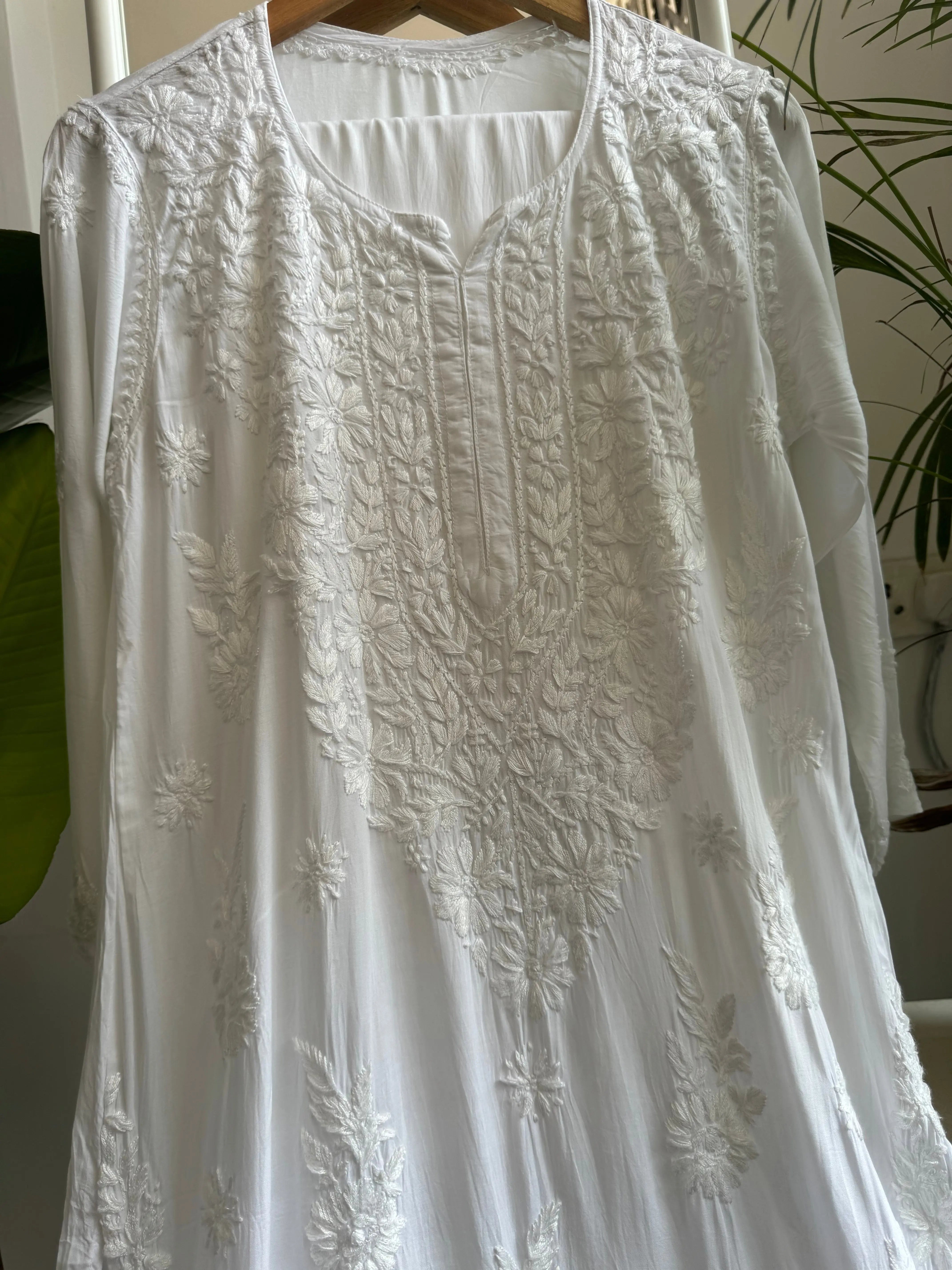 Modal Cotton Kurti Plazzo Set - White ARIAA CHIKANKARI