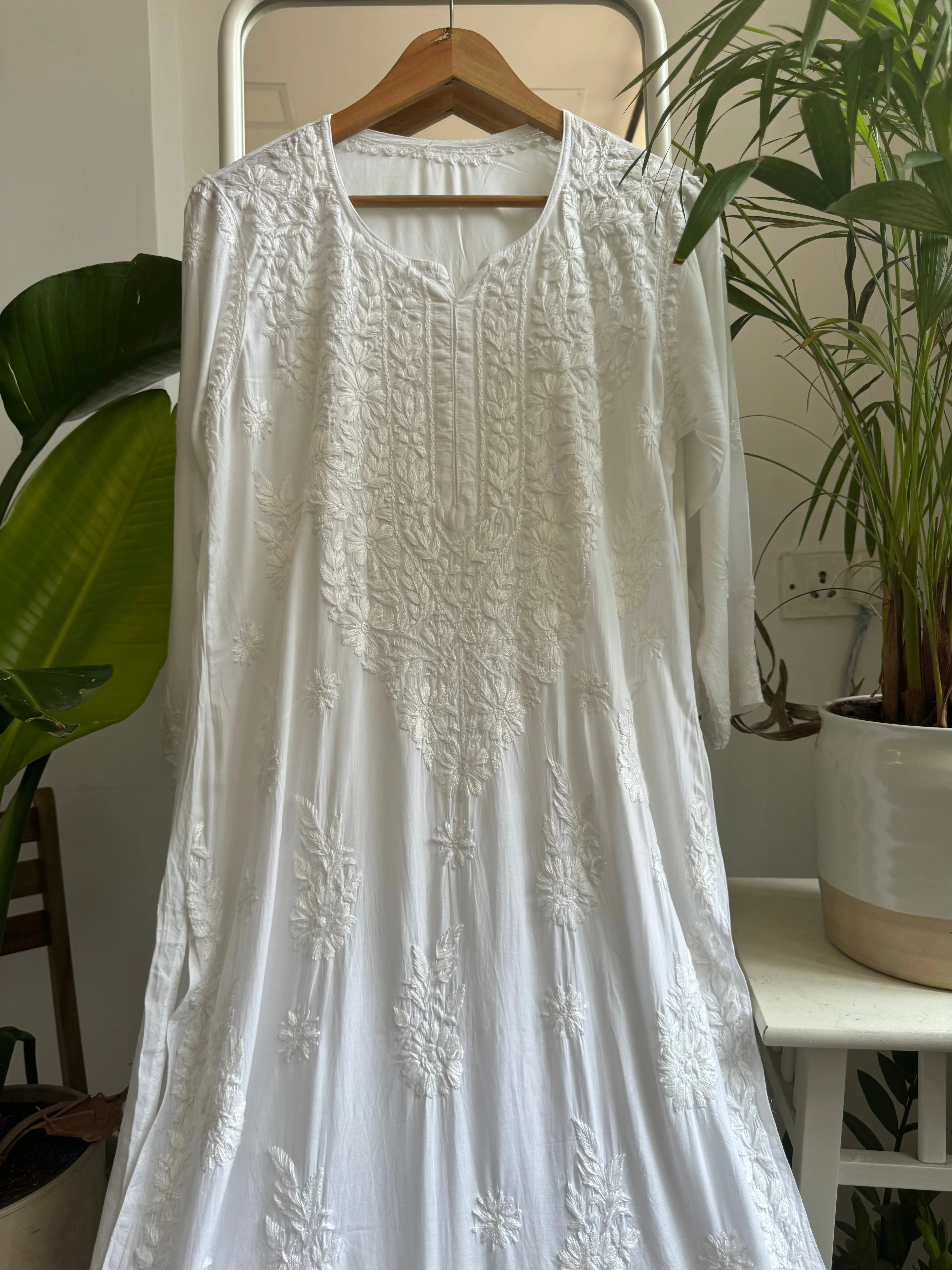 Modal Cotton Kurti Plazzo Set - White ARIAA CHIKANKARI