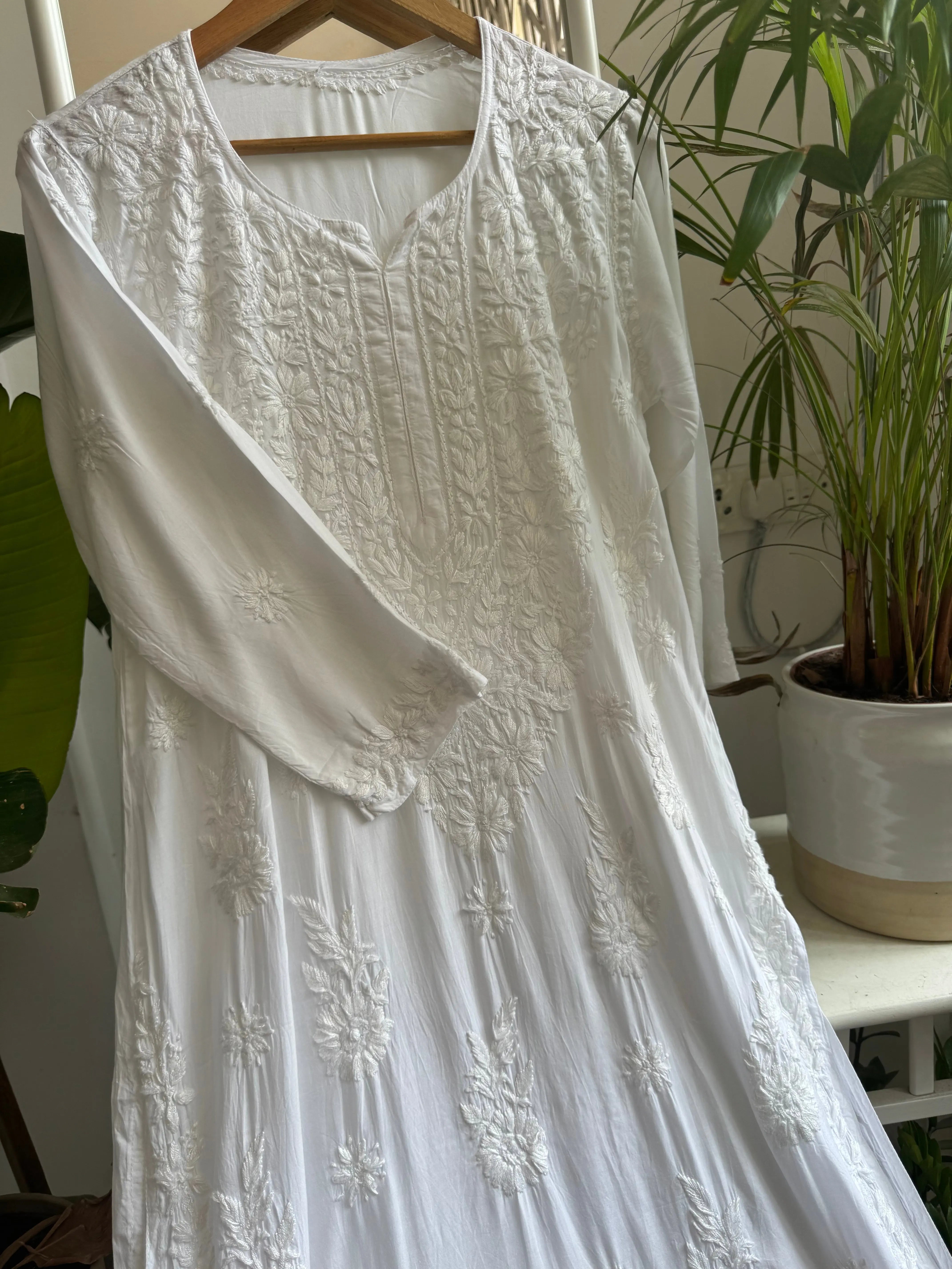Modal Cotton Kurti Plazzo Set - White ARIAA CHIKANKARI