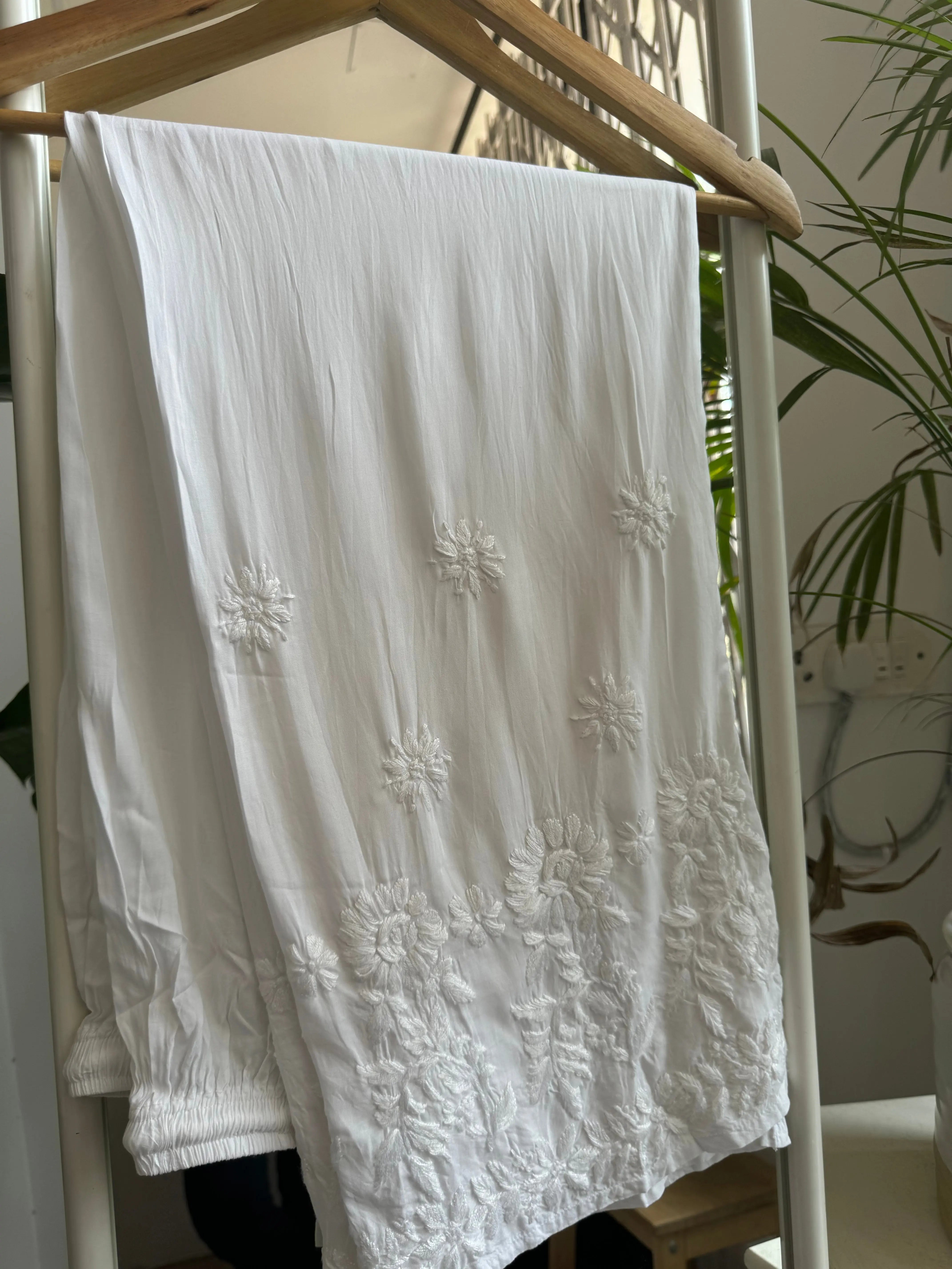 Modal Cotton Kurti Plazzo Set - White ARIAA CHIKANKARI