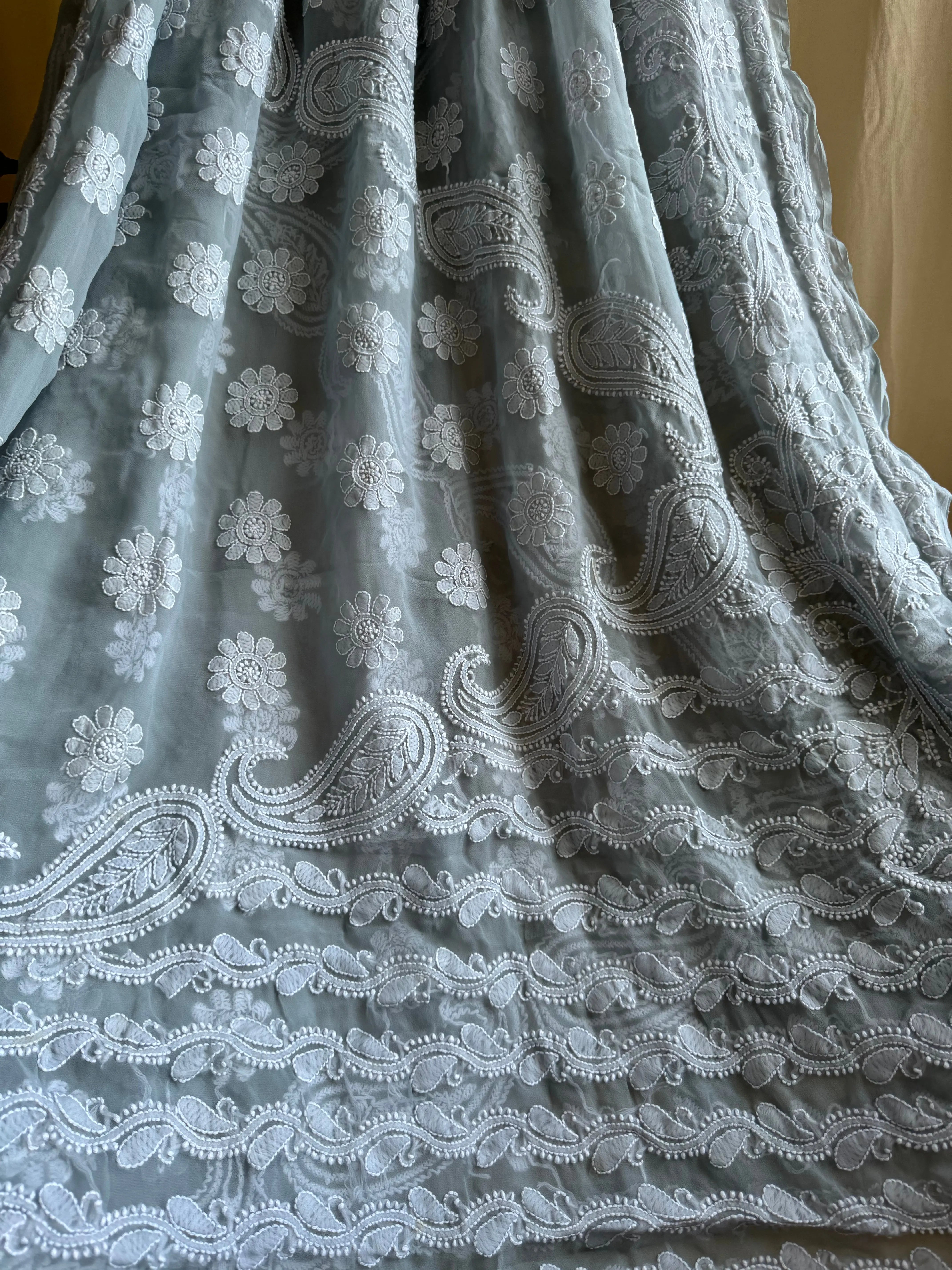 Georgette Chikankari saree in Grey ARIAA CHIKANKARI