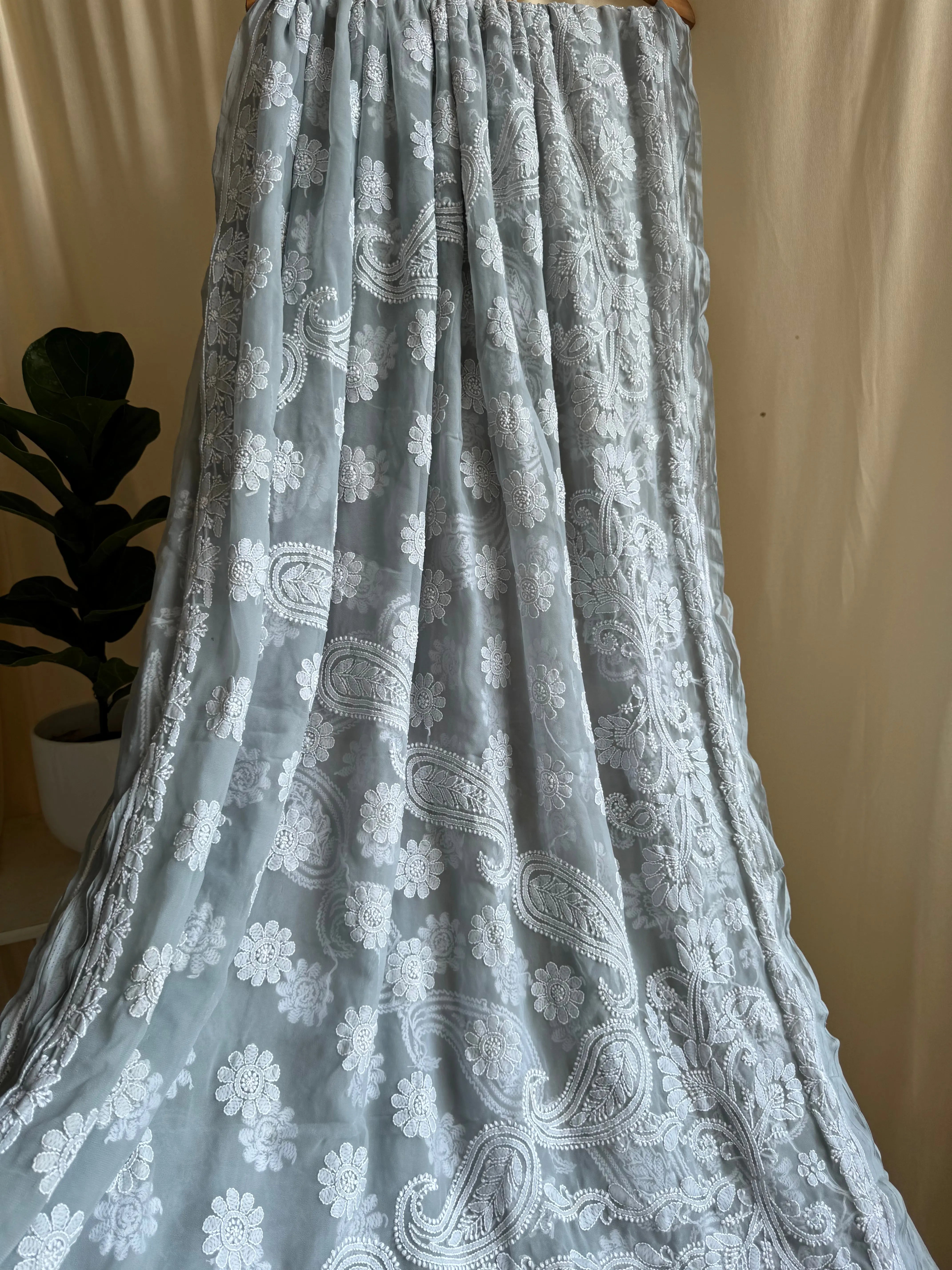 Georgette Chikankari saree in Grey ARIAA CHIKANKARI