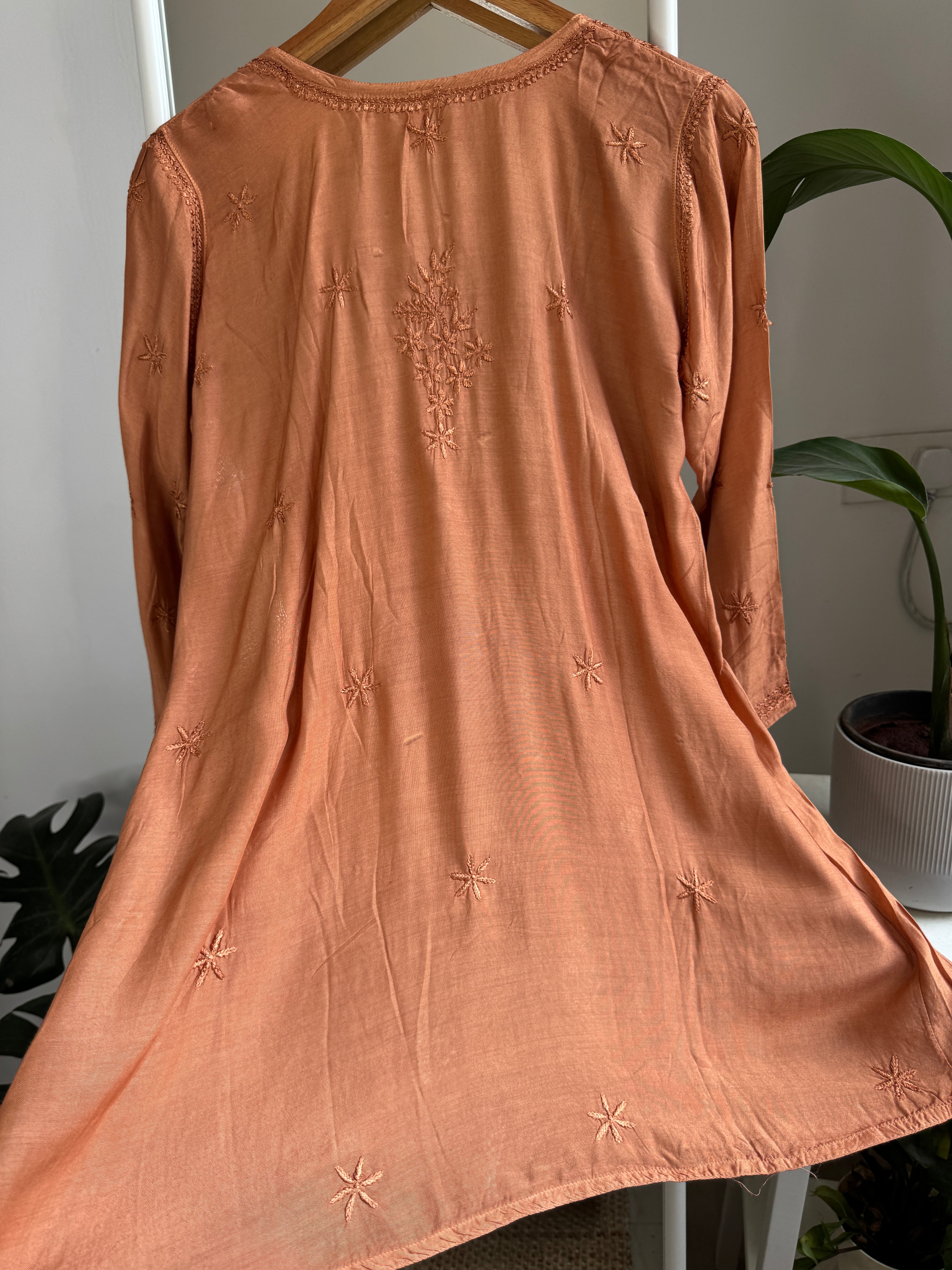 Chikankari Muslin Peplum short Top in Rust Orange ARIAA CHIKANKARI
