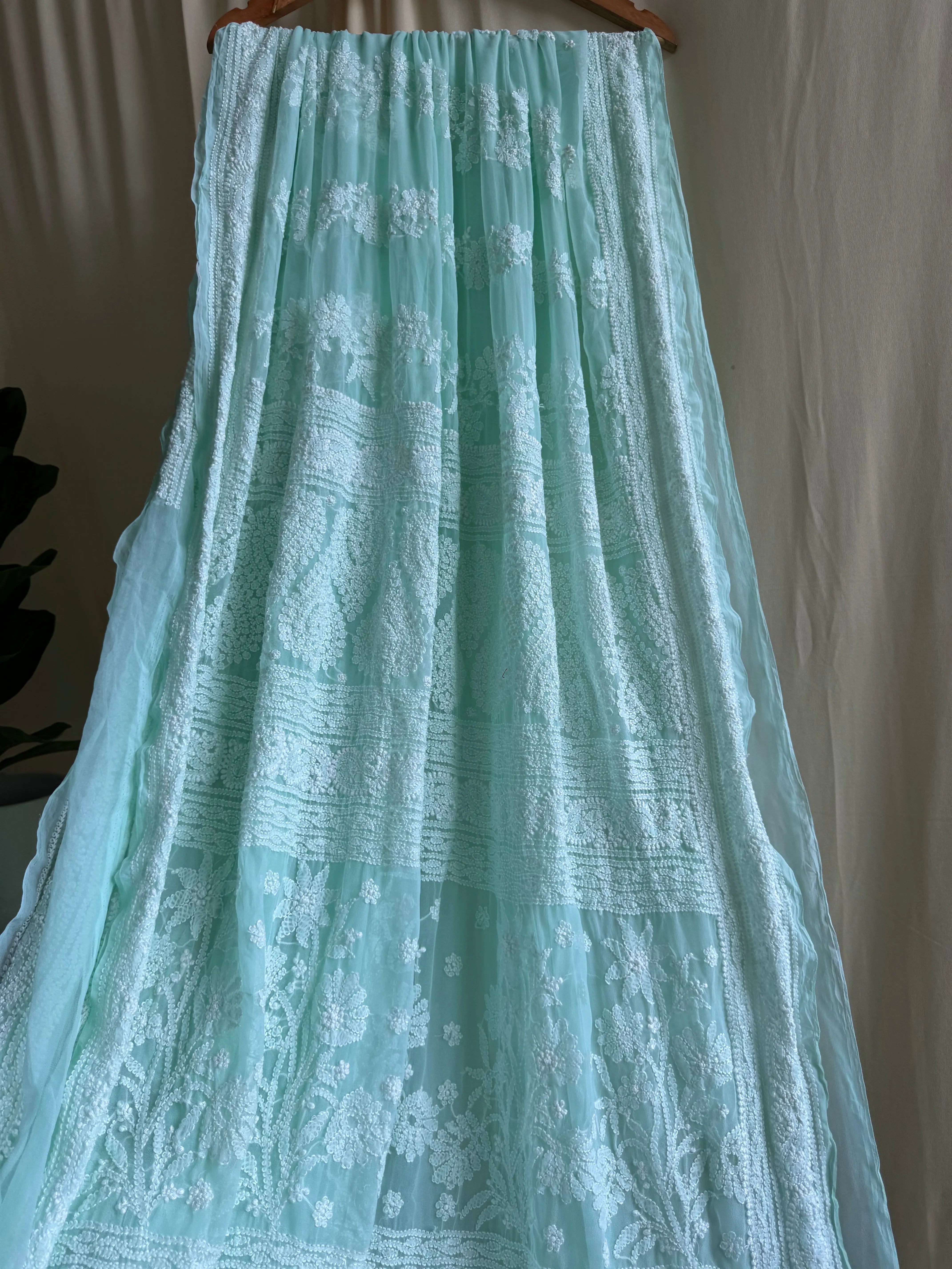 Georgette Chikankari saree in Sea Green ARIAA CHIKANKARI