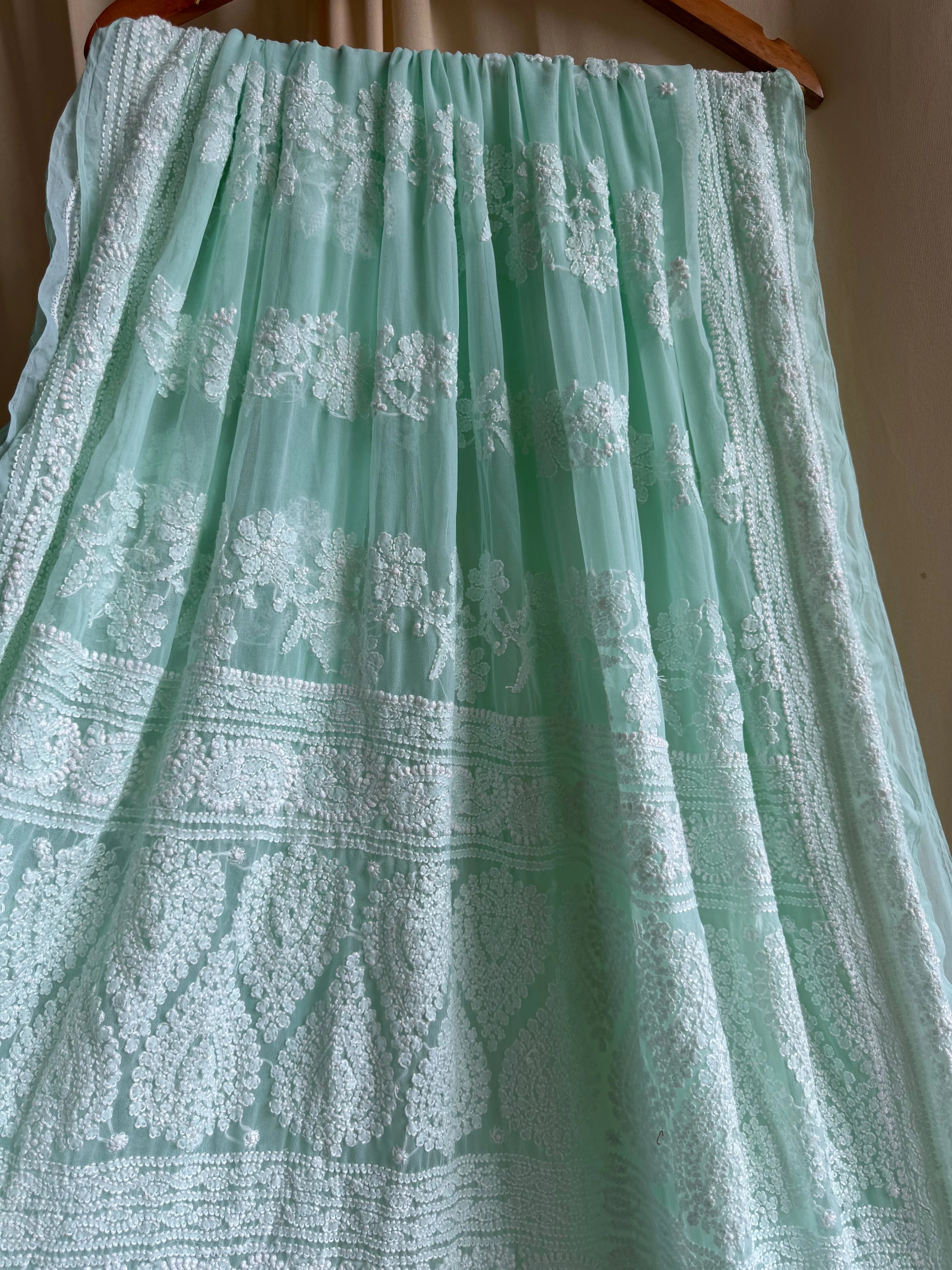 Georgette Chikankari saree in Sea Green ARIAA CHIKANKARI