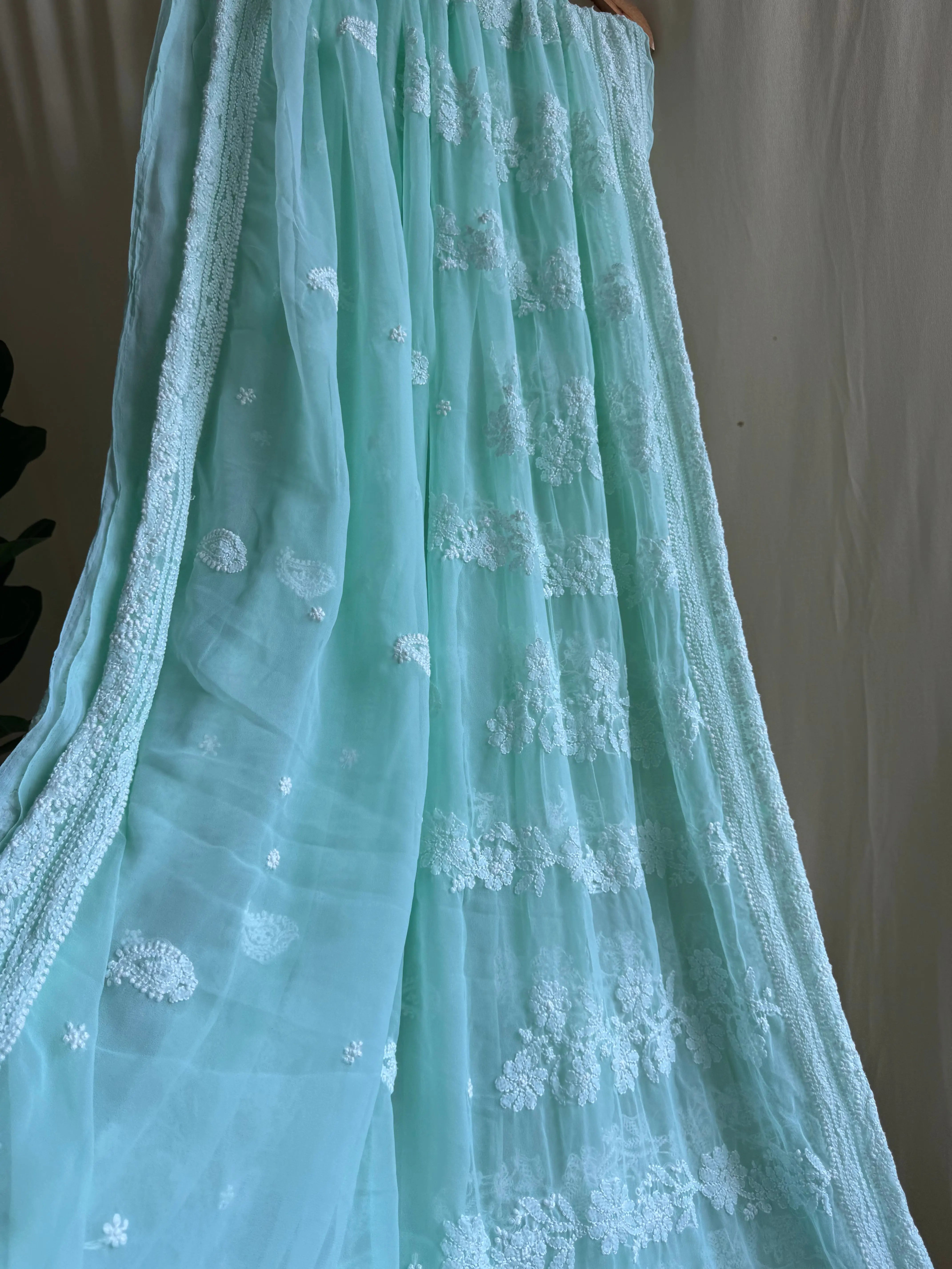 Georgette Chikankari saree in Sea Green ARIAA CHIKANKARI