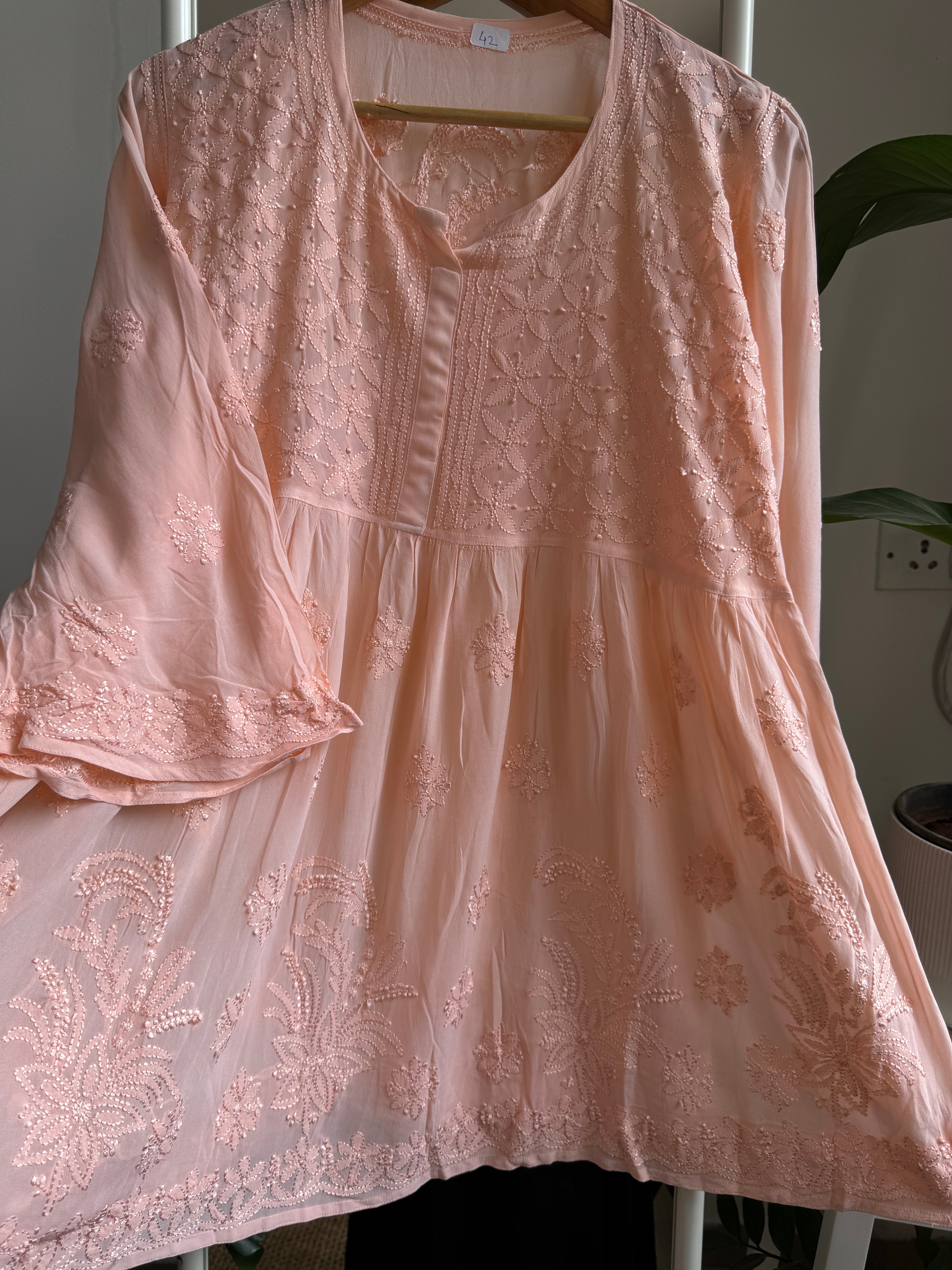 Chikankari Viscose Georgette Peplum short Top in Peach ARIAA CHIKANKARI