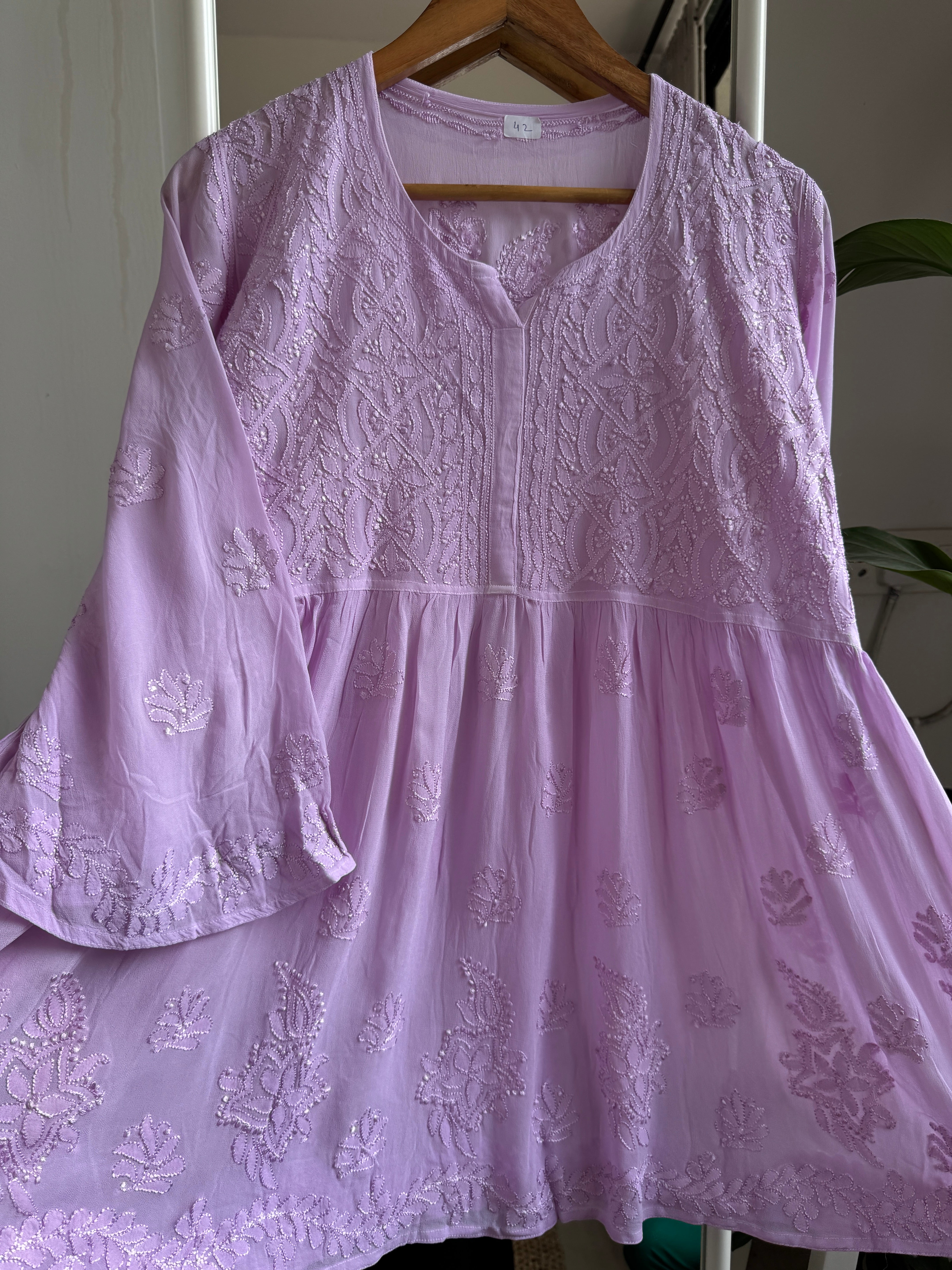 Chikankari Viscose Georgette Peplum short Top in Lilac ARIAA CHIKANKARI
