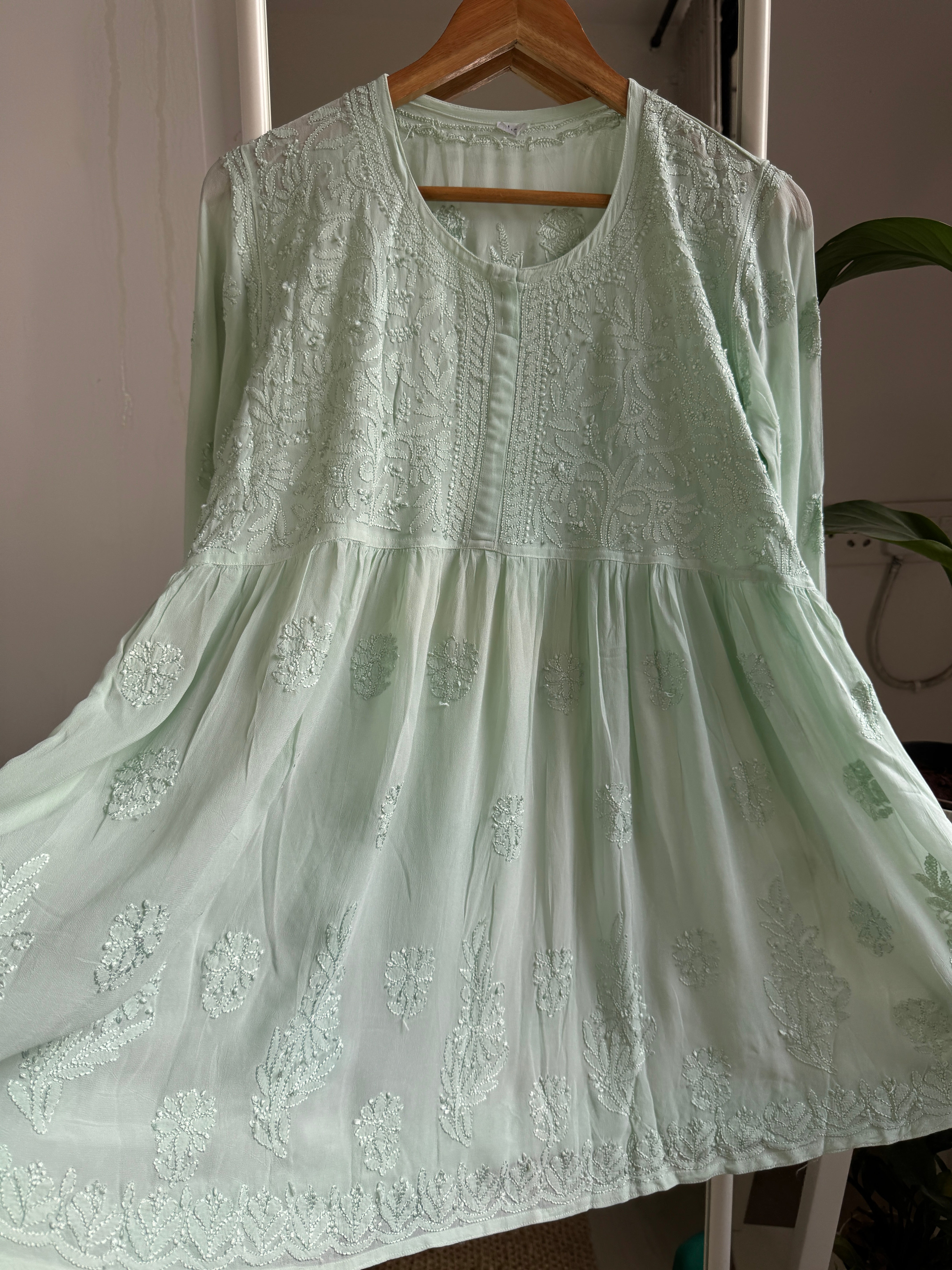 Chikankari Viscose Georgette Peplum short Top in Green ARIAA CHIKANKARI