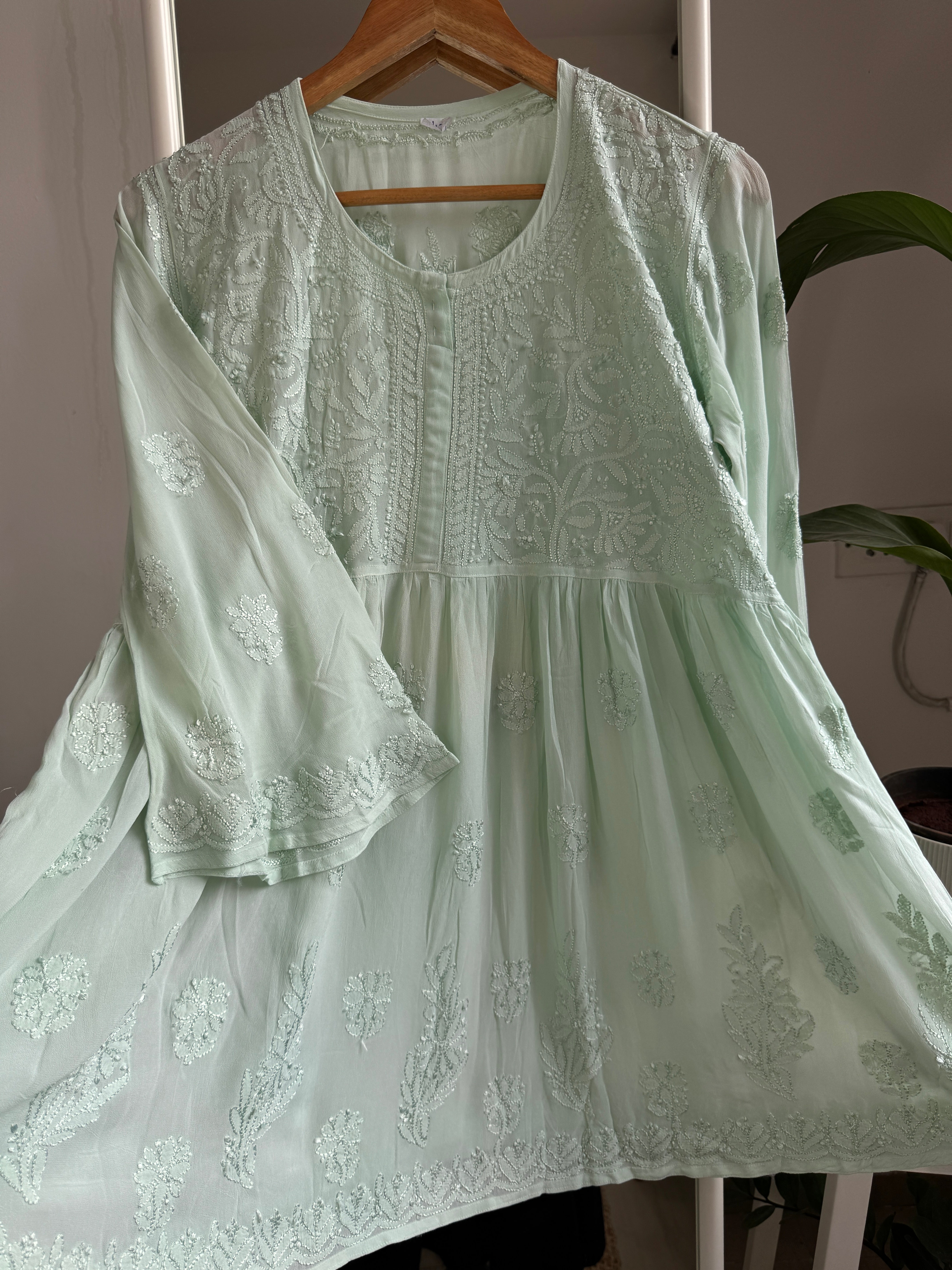 Chikankari Viscose Georgette Peplum short Top in Green ARIAA CHIKANKARI