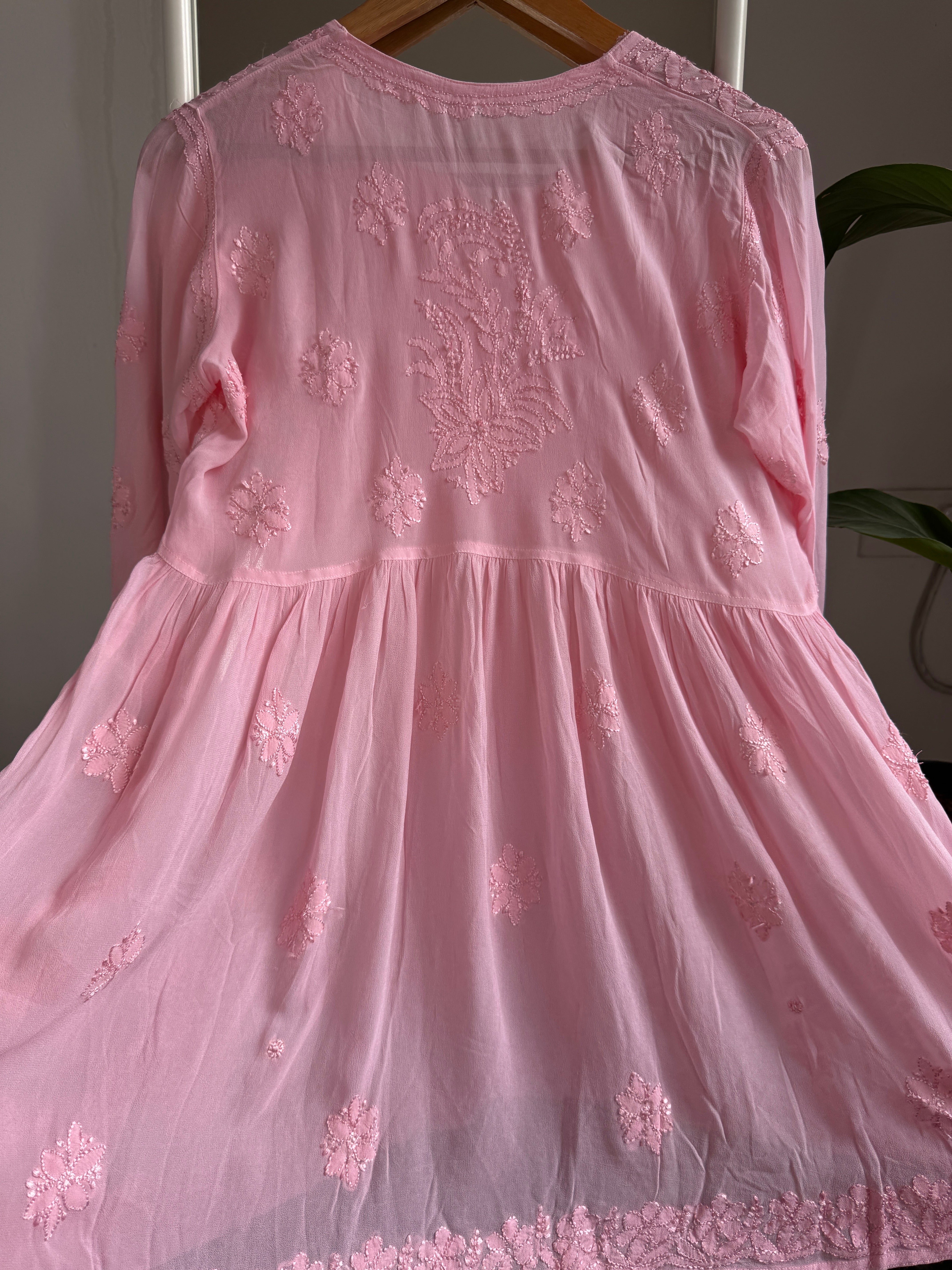 Chikankari Viscose Georgette Peplum short Top in Pink