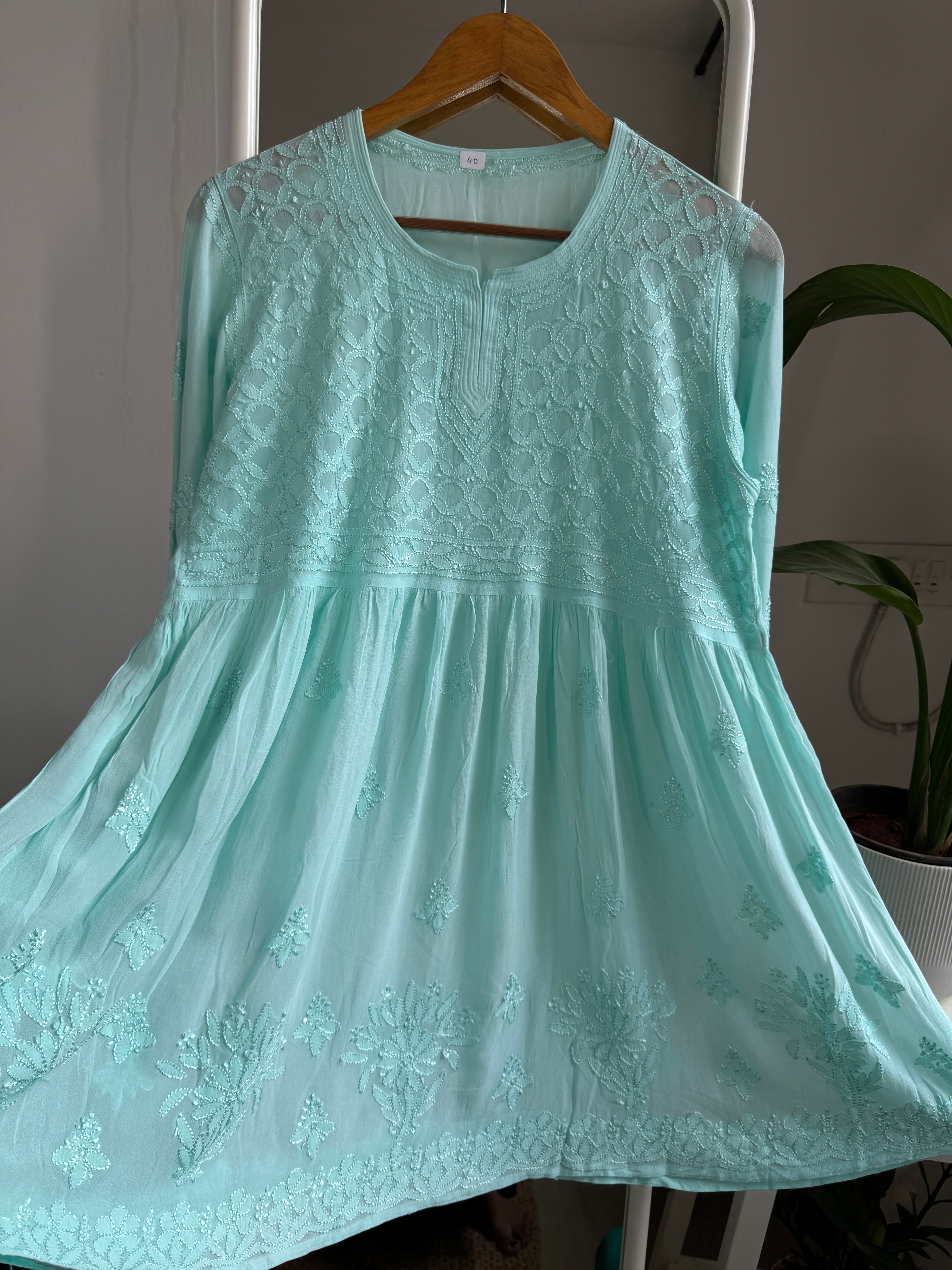 Chikankari Viscose Georgette Peplum short Top in Cyan Green
