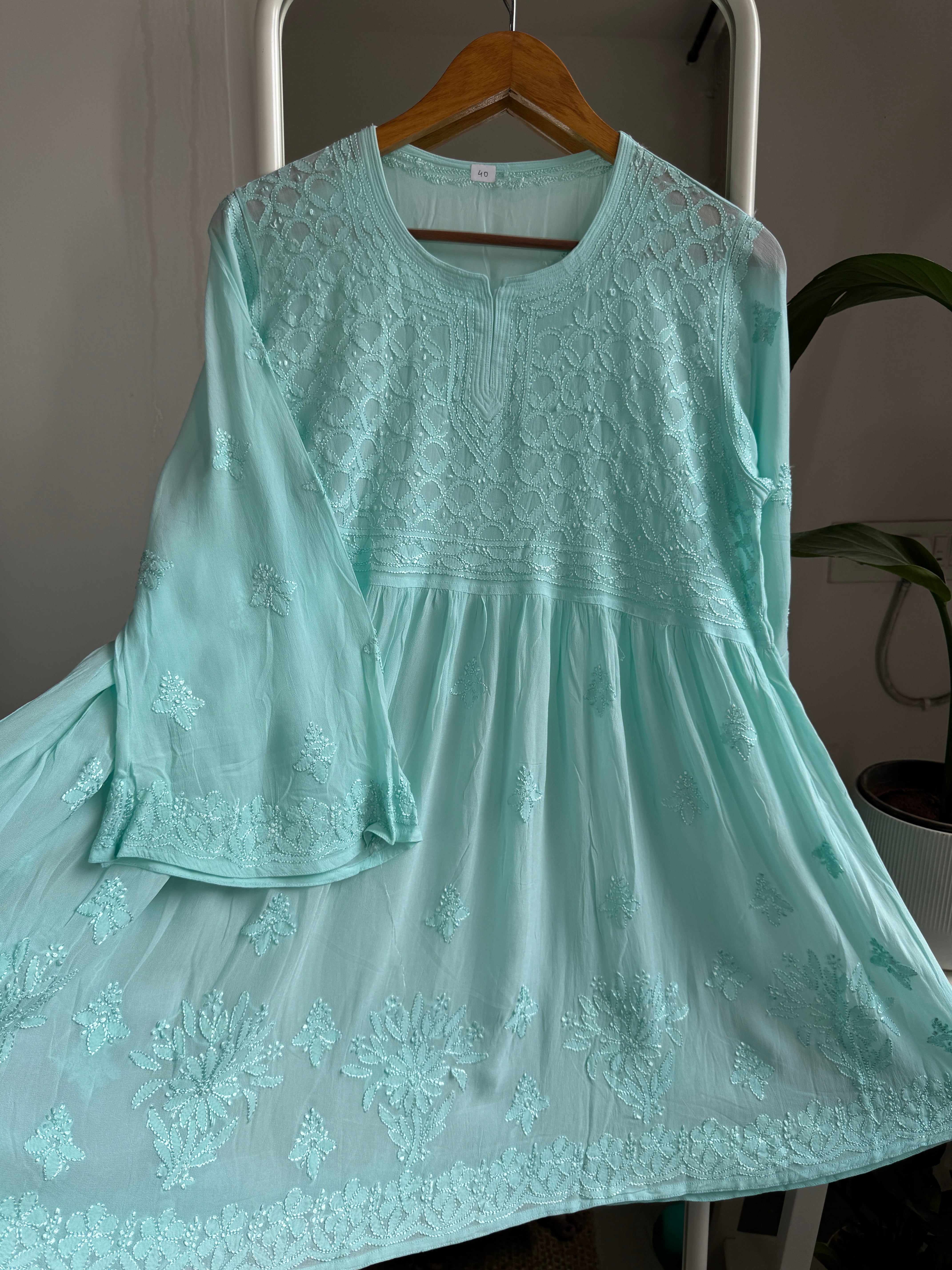 Chikankari Viscose Georgette Peplum short Top in Cyan Green