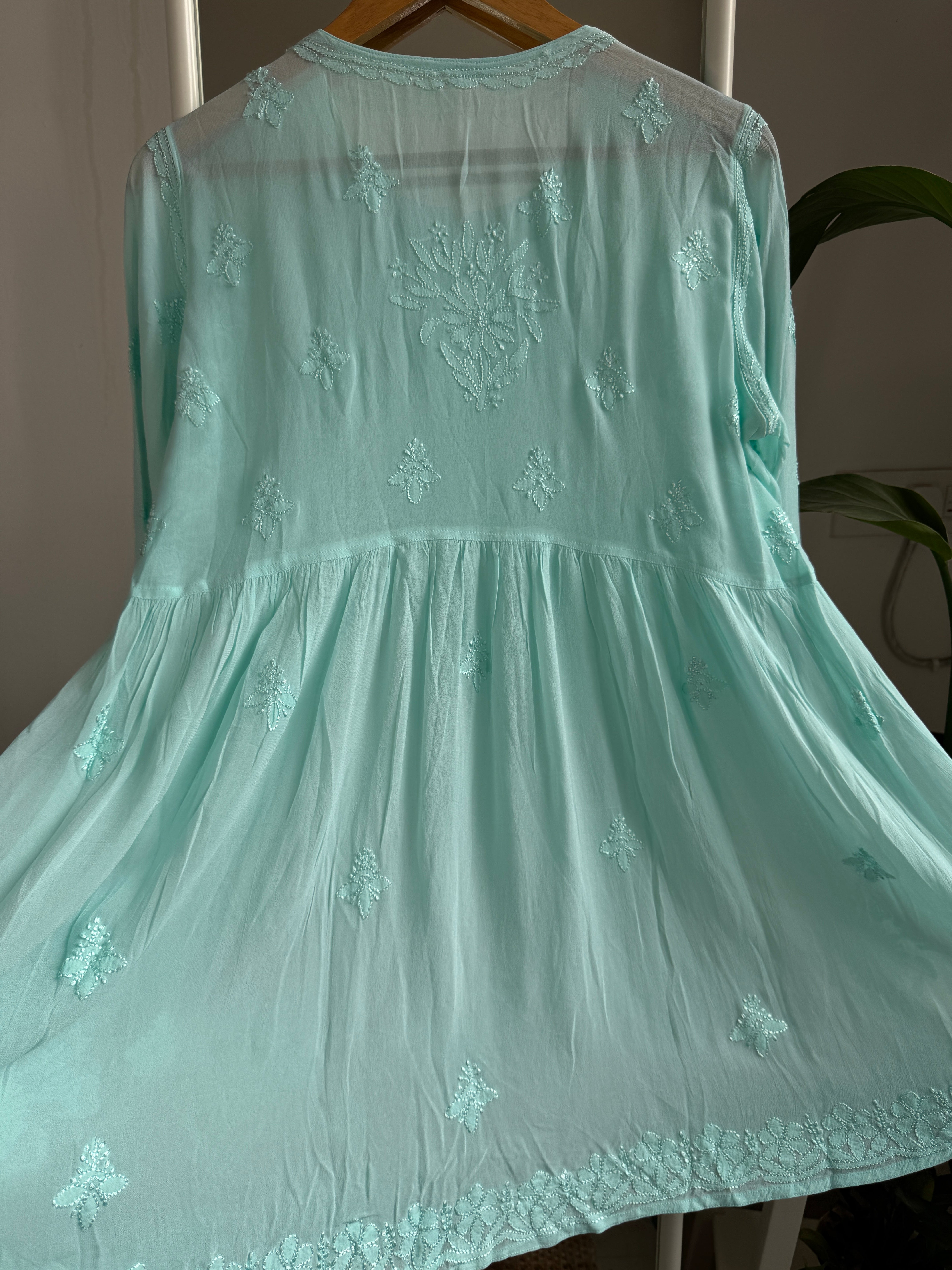 Chikankari Viscose Georgette Peplum short Top in Cyan Green