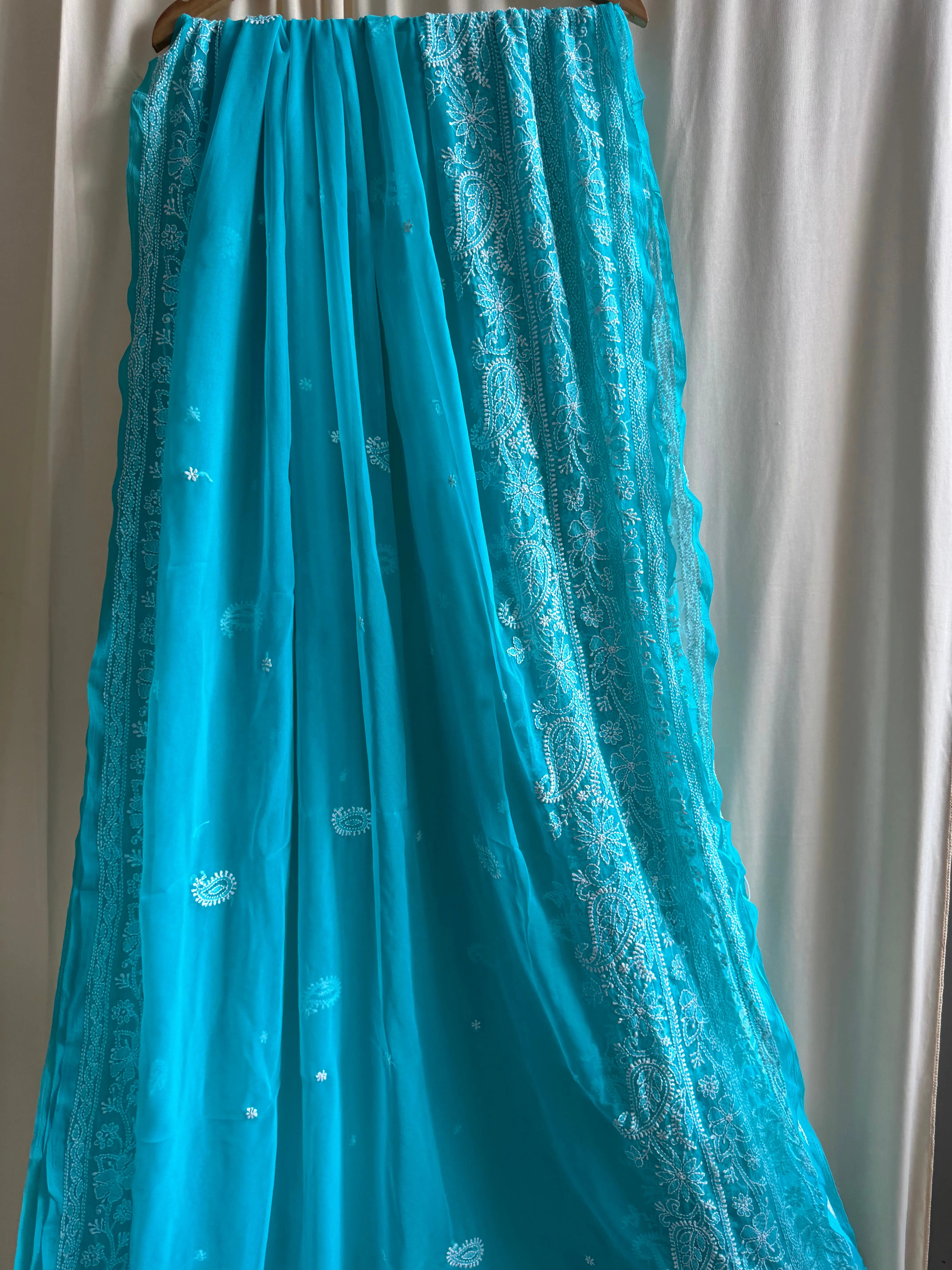 Georgette Chikankari saree in Green ARIAA CHIKANKARI