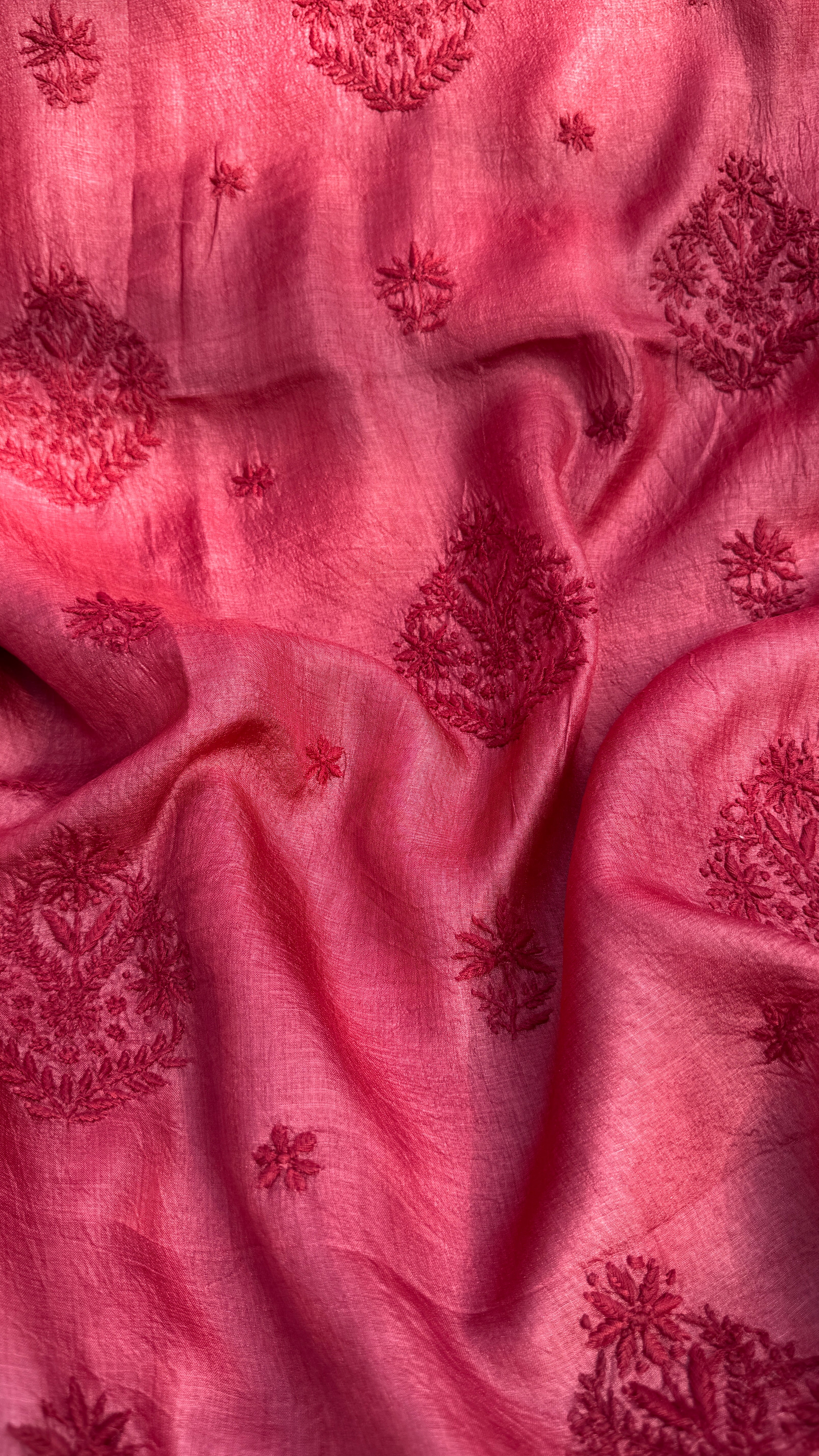 Pure Tussar Silk Chikankari Length with Dupatta - Maroon Red
