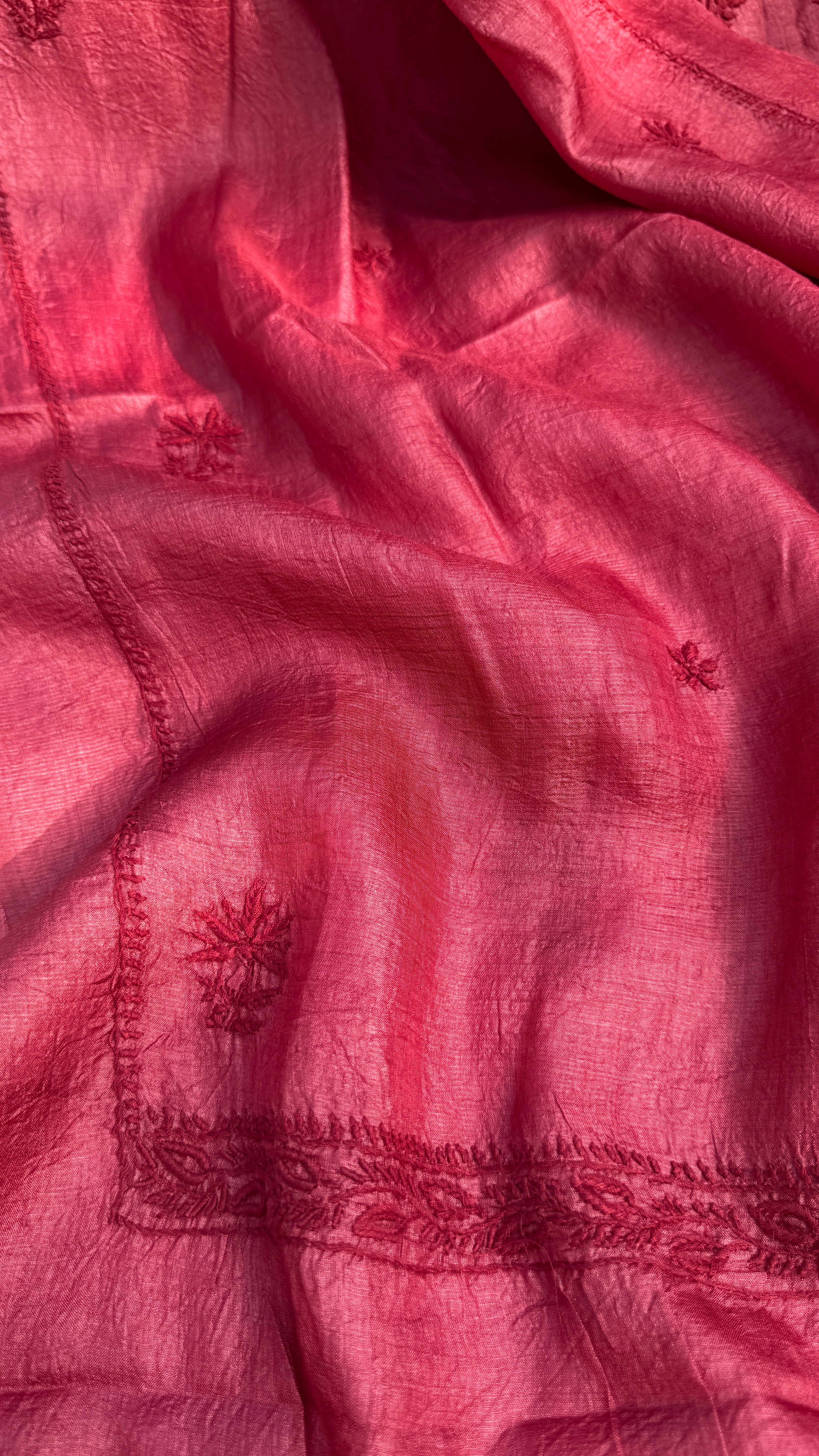 Pure Tussar Silk Chikankari Length with Dupatta - Maroon Red